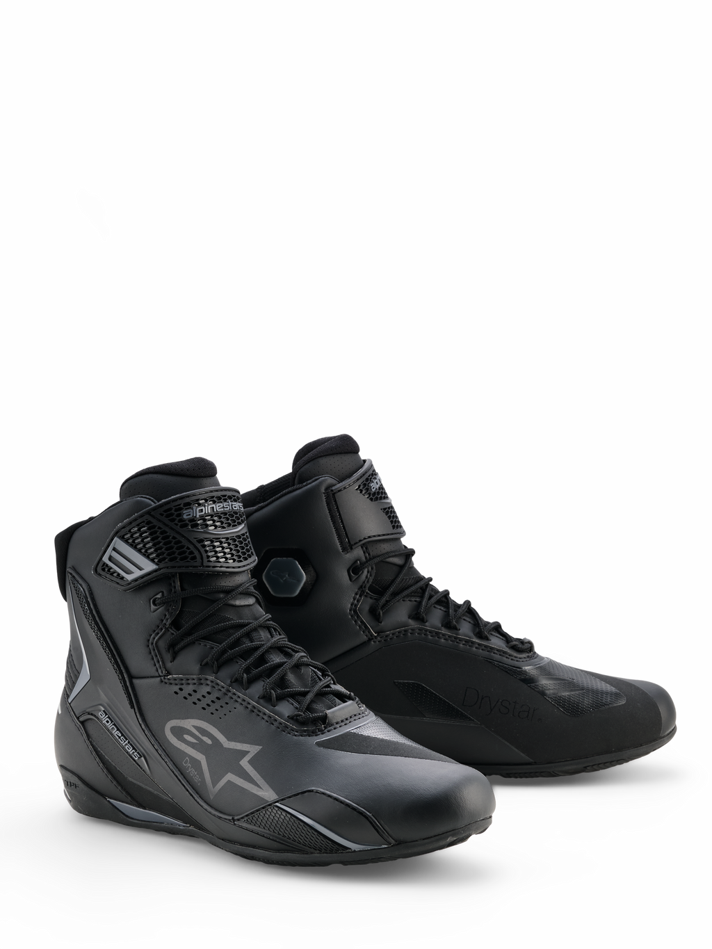 Scarpe Alpinestars Faster-4 Drystar®, scarpe da moto Nero Cool Gray, design a profilo alto con chiusura a lacci e cinturino regolabile sulla caviglia, con l'iconico logo a stella e il marchio Drystar, calzature sportive resistenti e impermeabili