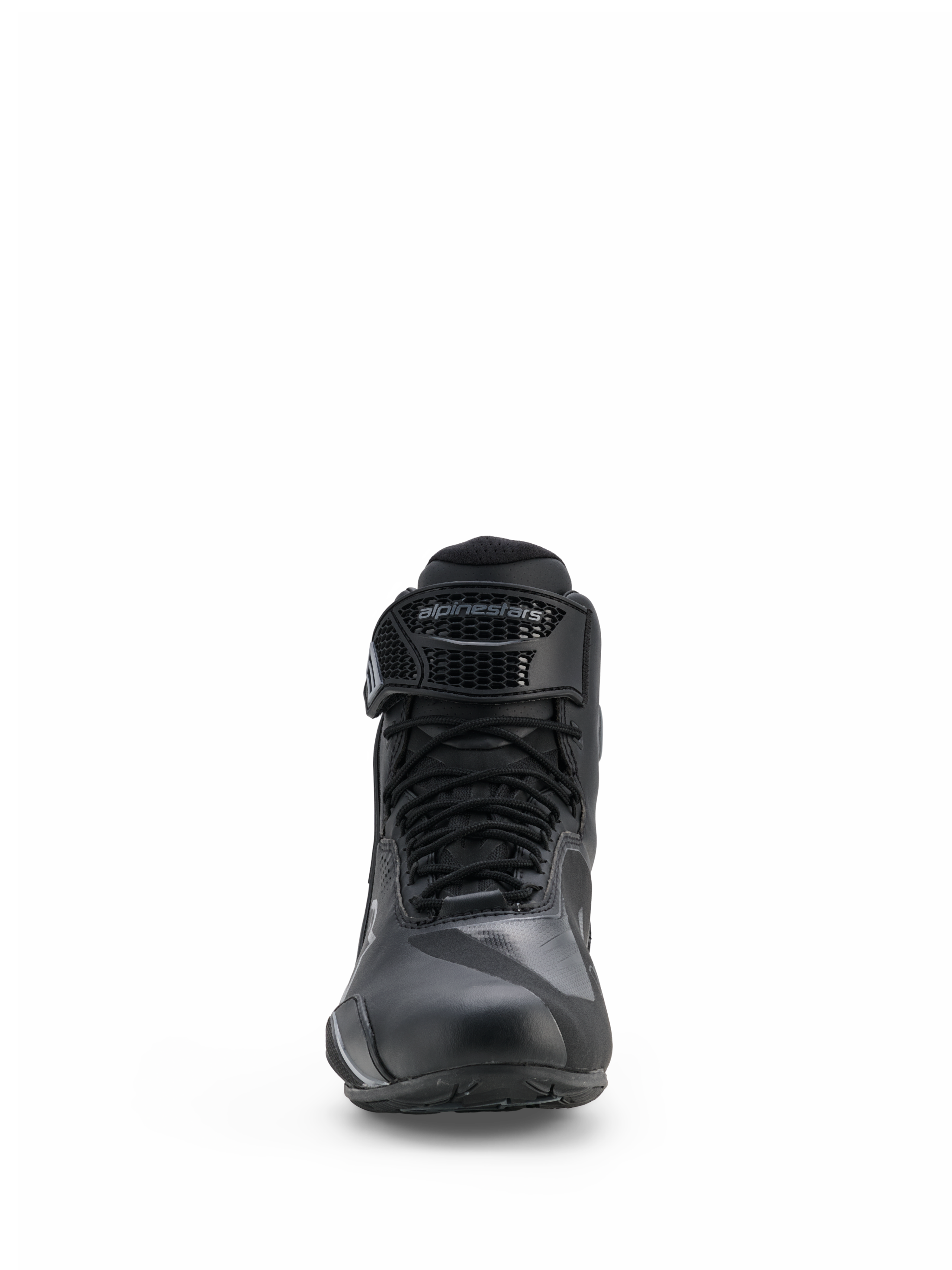 Scarpe Alpinestars Faster-4 Drystar®, scarpe da moto, nero e grigio cool gray, vista frontale con chiusura a lacci e cinturino regolabile a strappo con marchio Alpinestars, design impermeabile elegante per sport su strada