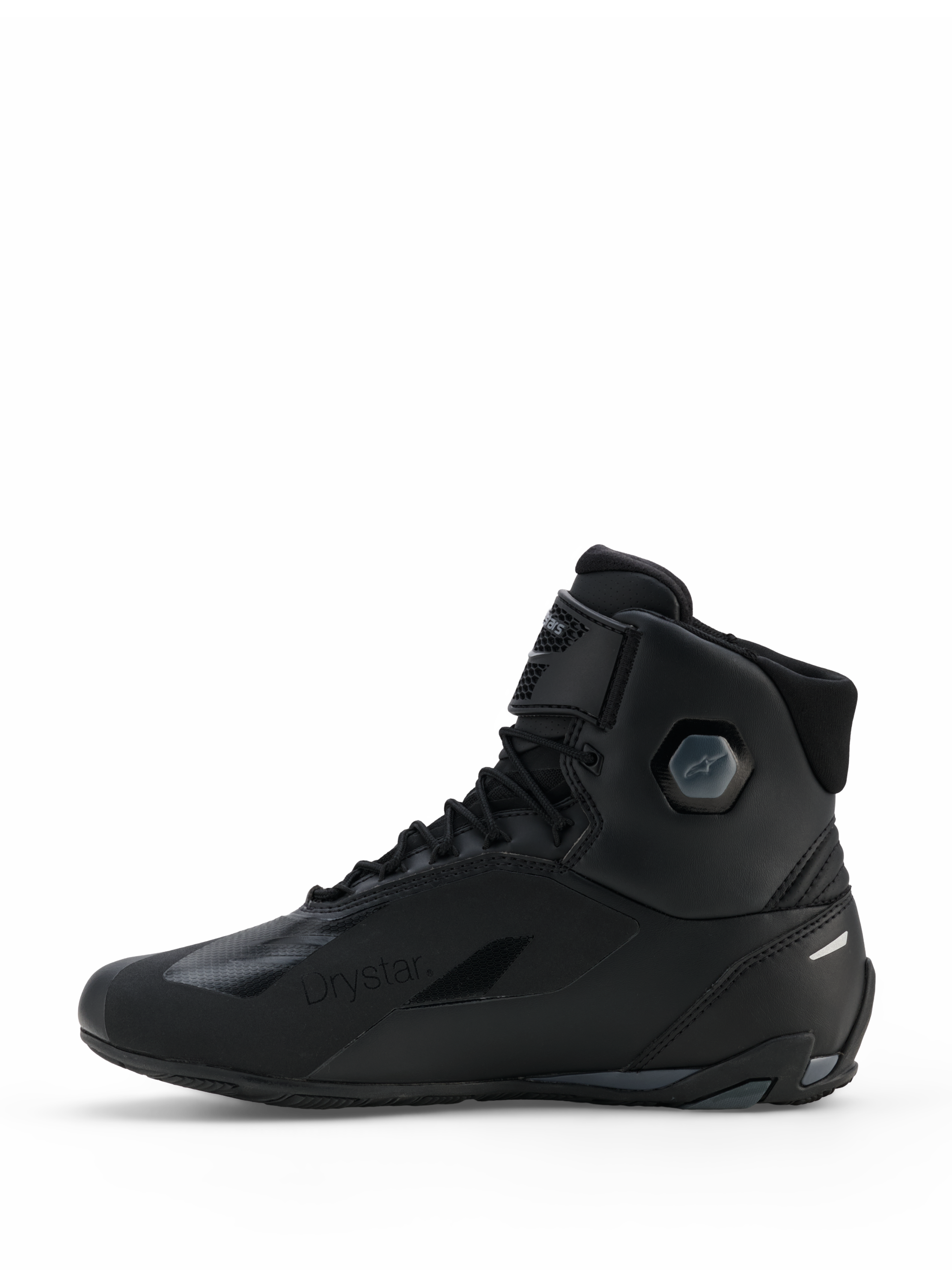 Scarpe Alpinestars Faster-4 Drystar®, scarpe da moto, Nero Cool Gray, vista laterale con costruzione in microfibra senza cuciture, marchio Drystar impermeabile, chiusura con lacci e cinturino alla caviglia e struttura protettiva integrata della caviglia.