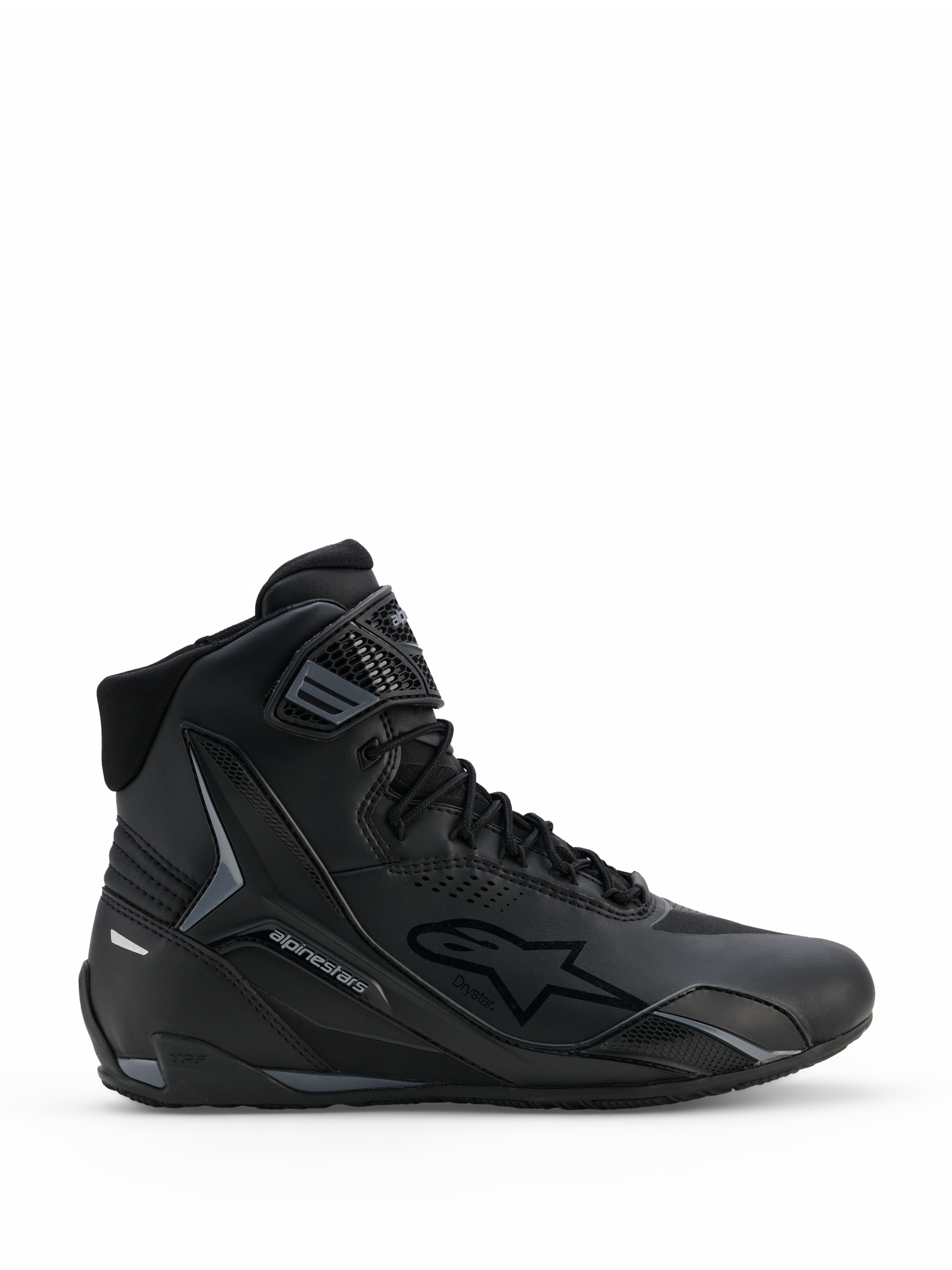 Alpinestars Faster-4 Drystar, scarpe da moto nero e grigio, design alto con chiusura stringata e cinturino alla caviglia a strappo, membrana impermeabile Drystar e logo Alpinestars, profilo sportivo per guida su strada