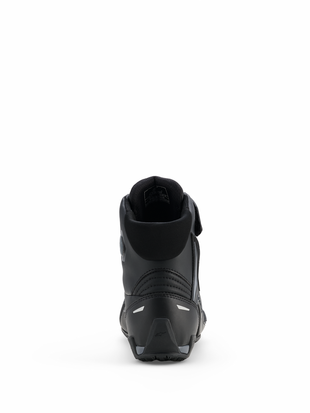 Scarpe Alpinestars Faster-4 Drystar®, scarpe da moto, Nero Cool Gray, vista posteriore con tallone rinforzato, colletto imbottito e dettagli riflettenti, costruzione in microfibra impermeabile per guida sportiva