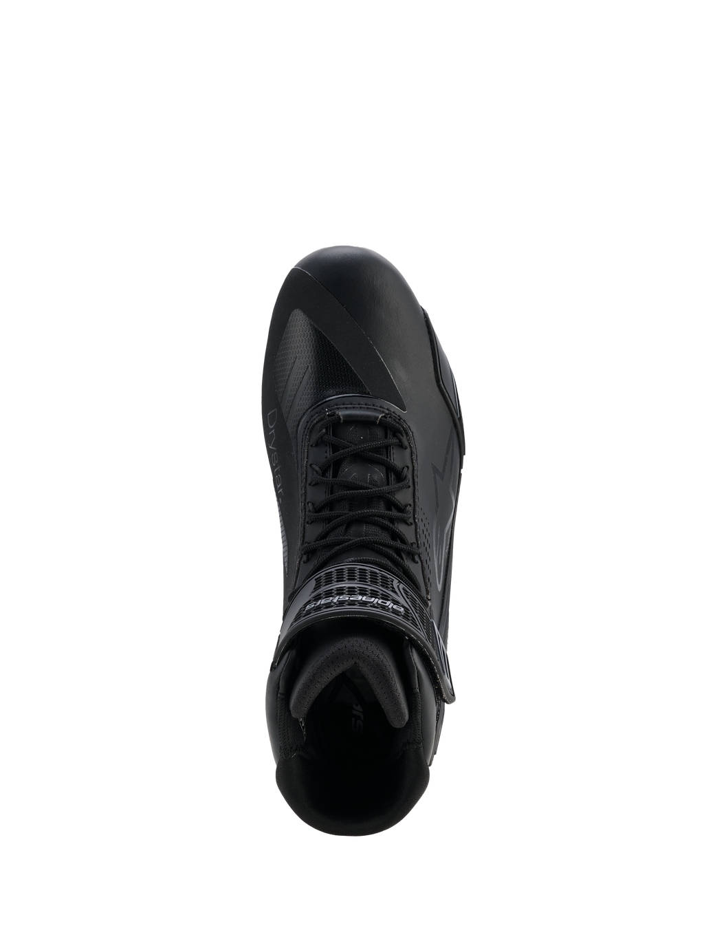 Scarpe Alpinestars Faster-4 Drystar®, Black Cool Gray, vista dall'alto della scarpa tecnica da moto, con chiusura a lacci e cinturino a strappo sulla caviglia, costruzione in microfibra senza cuciture con marchio Drystar®, profilo atletico per la guida stradale protettiva.