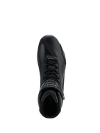 Scarpe Alpinestars Faster-4 Drystar®, Black Cool Gray, vista dall'alto della scarpa tecnica da moto, con chiusura a lacci e cinturino a strappo sulla caviglia, costruzione in microfibra senza cuciture con marchio Drystar®, profilo atletico per la guida stradale protettiva.