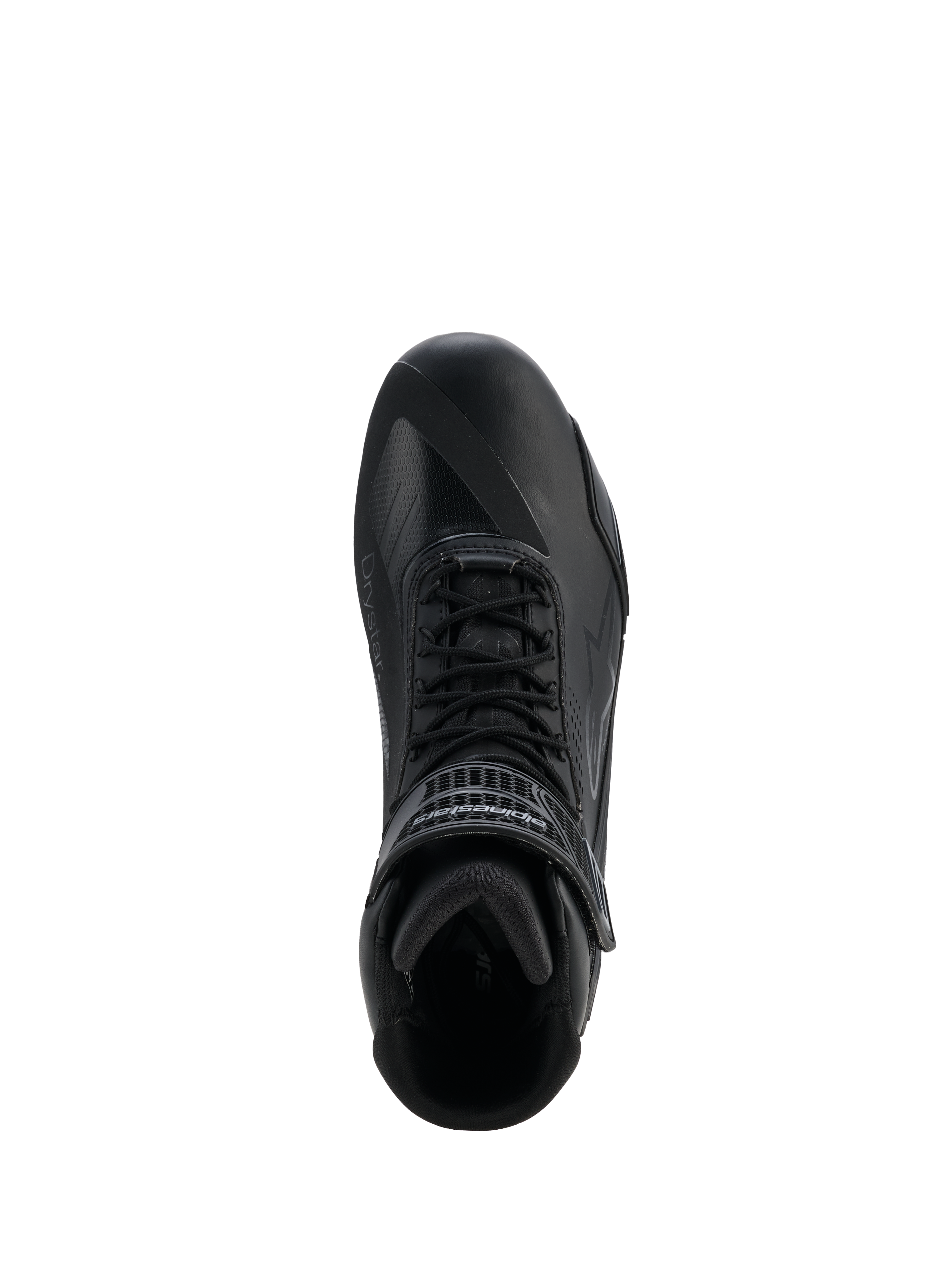Scarpe Alpinestars Faster-4 Drystar®, Black Cool Gray, vista dall'alto della scarpa tecnica da moto, con chiusura a lacci e cinturino a strappo sulla caviglia, costruzione in microfibra senza cuciture con marchio Drystar®, profilo atletico per la guida stradale protettiva.