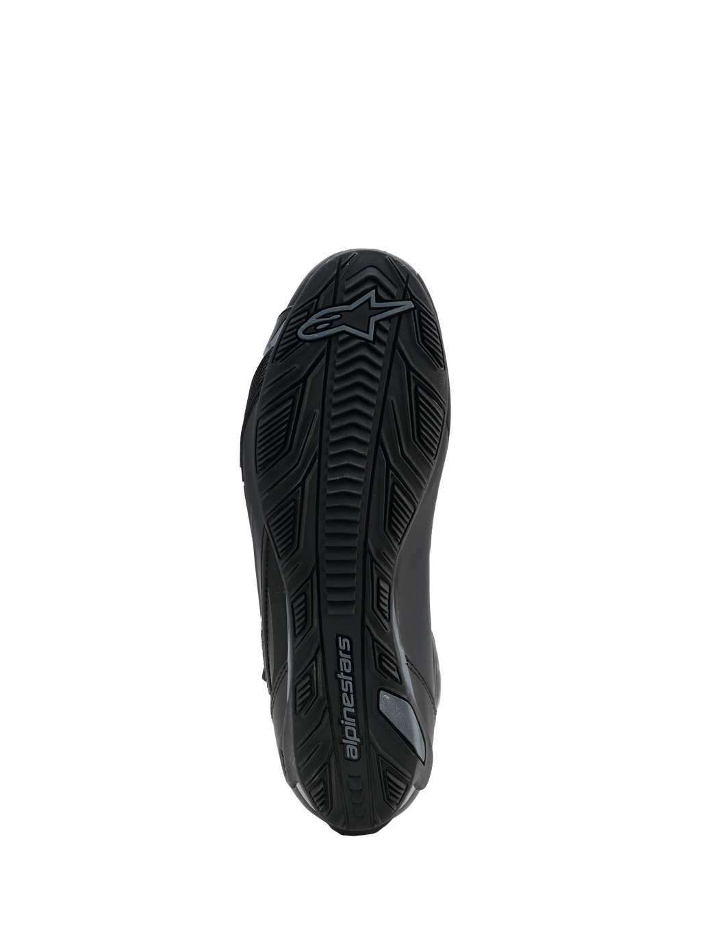 Scarpe Alpinestars Faster-4 Drystar®, Nero Cool Gray, vista della suola che mostra la gomma testurizzata con motivo grip e il logo Alpinestars, design rinforzato per stabilità e trazione.