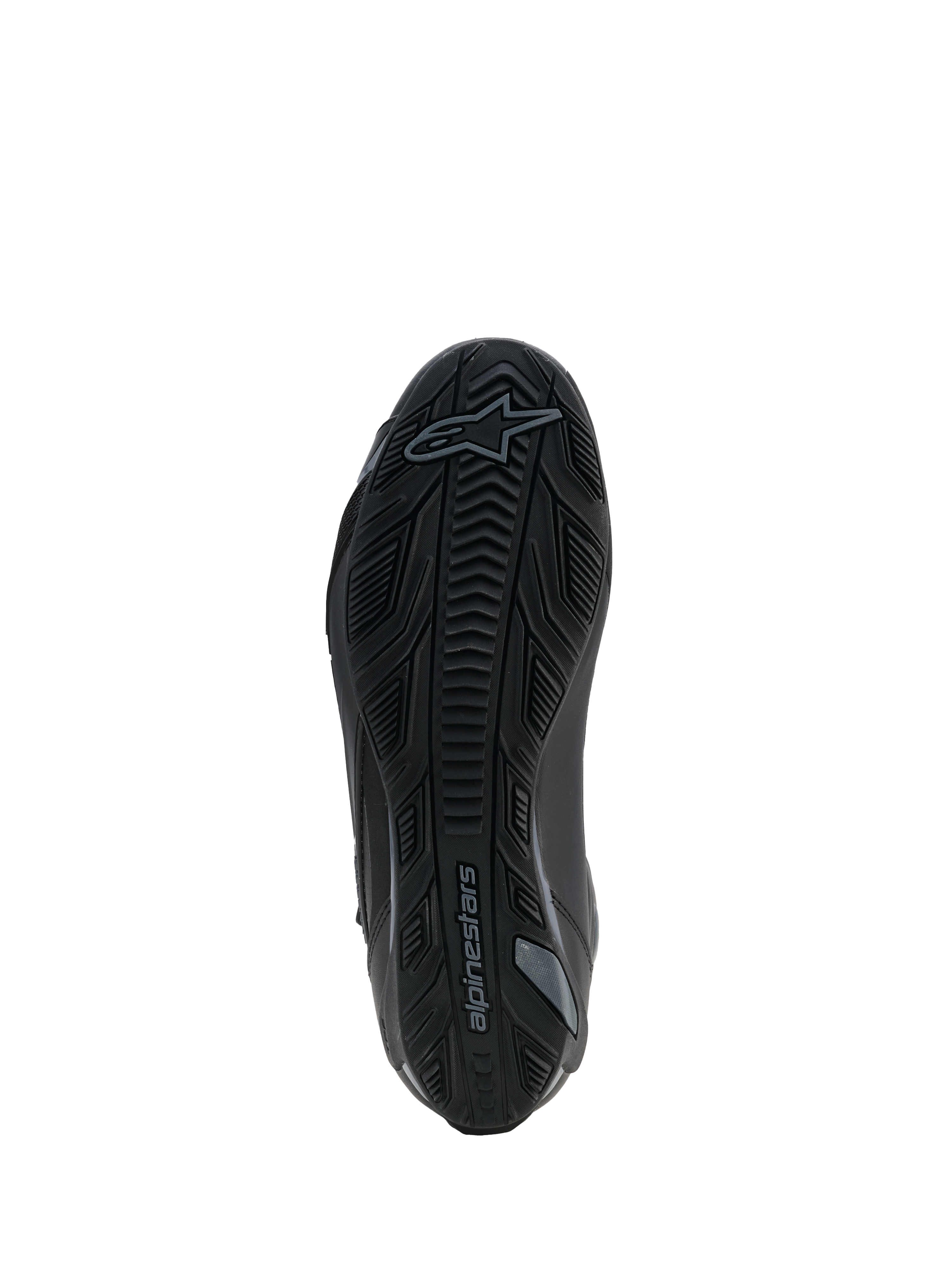 Scarpe Alpinestars Faster-4 Drystar®, Nero Cool Gray, vista della suola che mostra la gomma testurizzata con motivo grip e il logo Alpinestars, design rinforzato per stabilità e trazione.