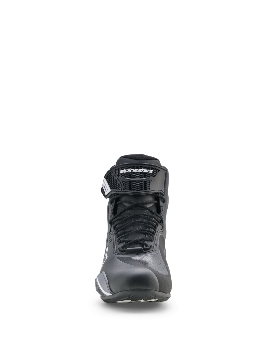 Scarpe Alpinestars Faster-4 Drystar®, scarpe da moto, nero, grigio freddo e bianco, vista frontale con chiusura a lacci e cinturino alla caviglia a strappo, profilo basso sportivo per guida su strada