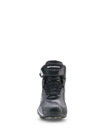 Scarpe Alpinestars Faster-4 Drystar®, scarpe da moto, nero, grigio freddo e bianco, vista frontale con chiusura a lacci e cinturino alla caviglia a strappo, profilo basso sportivo per guida su strada