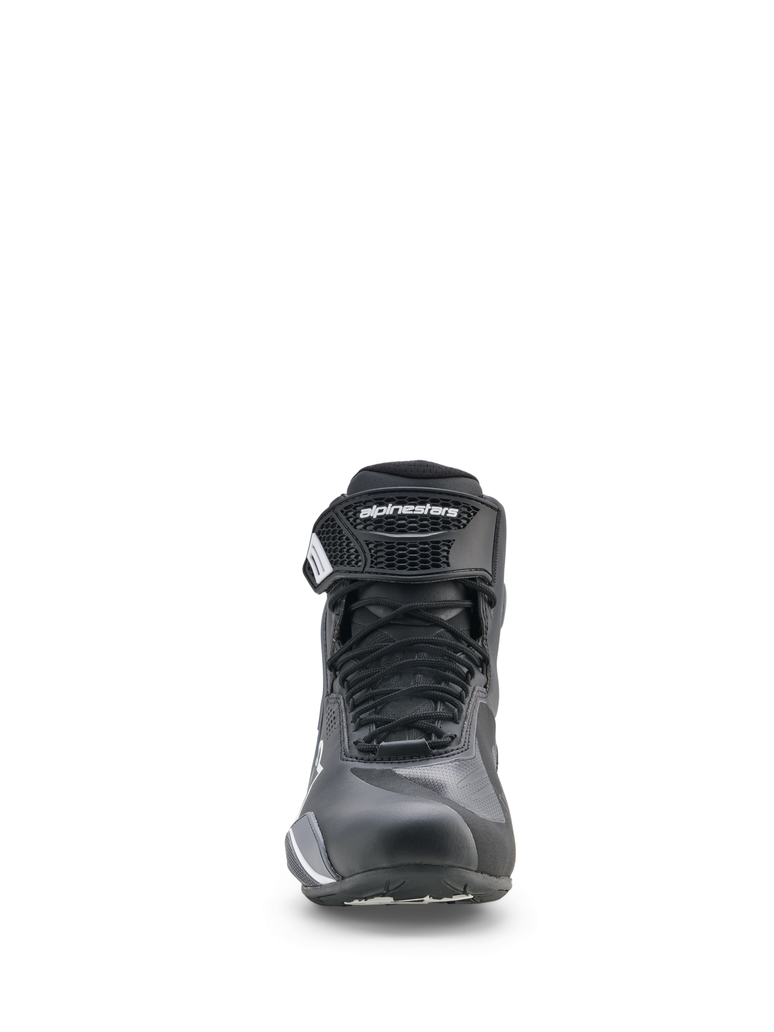 Scarpe Alpinestars Faster-4 Drystar®, scarpe da moto, nero, grigio freddo e bianco, vista frontale con chiusura a lacci e cinturino alla caviglia a strappo, profilo basso sportivo per guida su strada