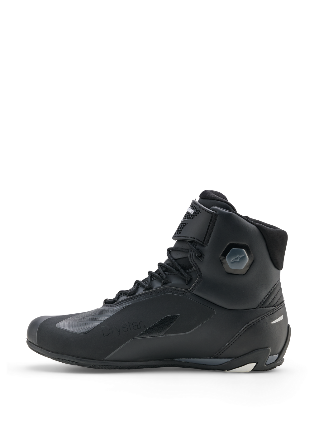 Alpinestars Faster-4 Drystar® Shoes, scarpe da moto, Nero Cool Gray Bianco, vista laterale con costruzione impermeabile, chiusura con lacci e cinturino a strappo e protezione integrata della caviglia.