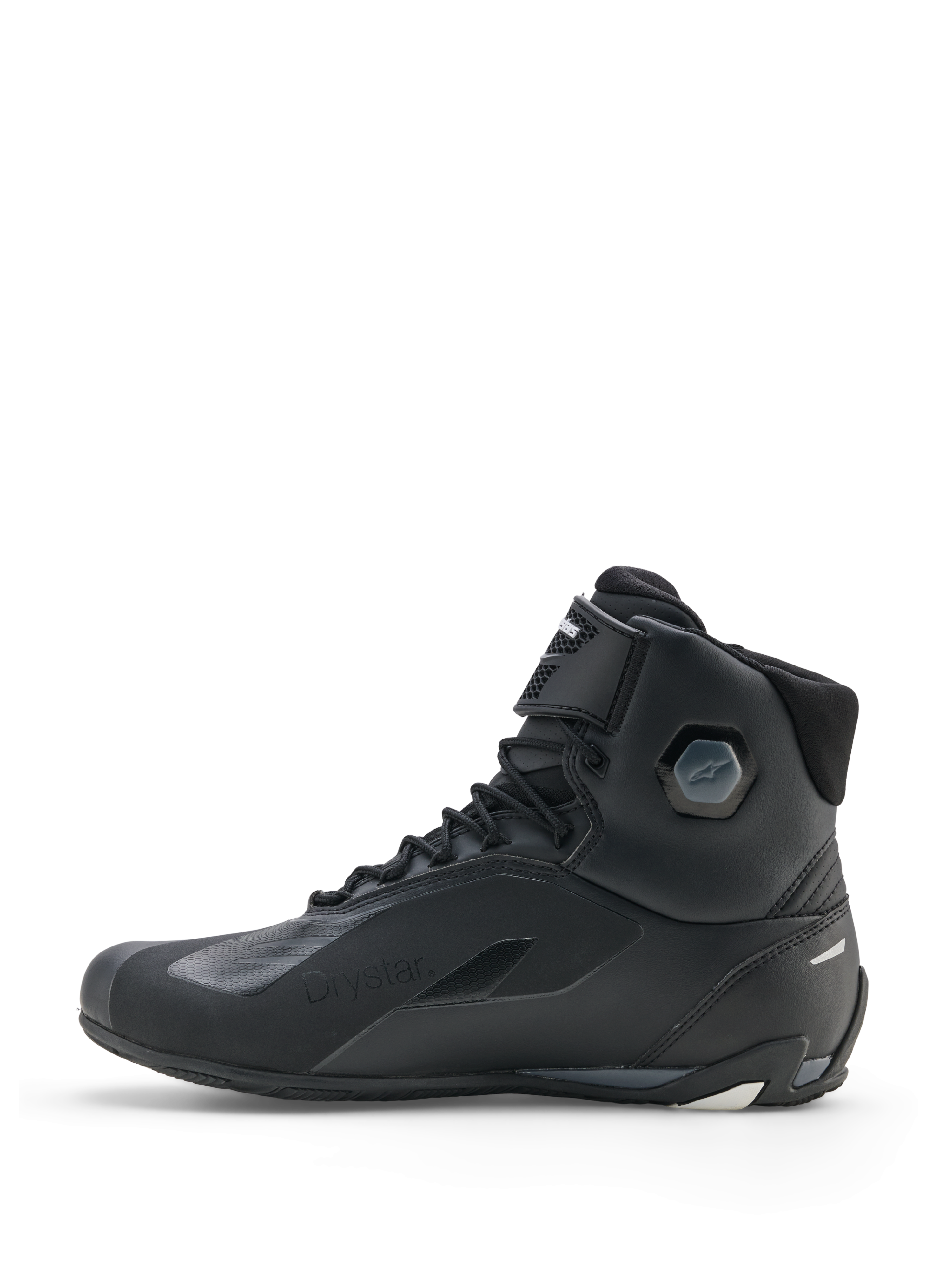 Alpinestars Faster-4 Drystar® Shoes, scarpe da moto, Nero Cool Gray Bianco, vista laterale con costruzione impermeabile, chiusura con lacci e cinturino a strappo e protezione integrata della caviglia.
