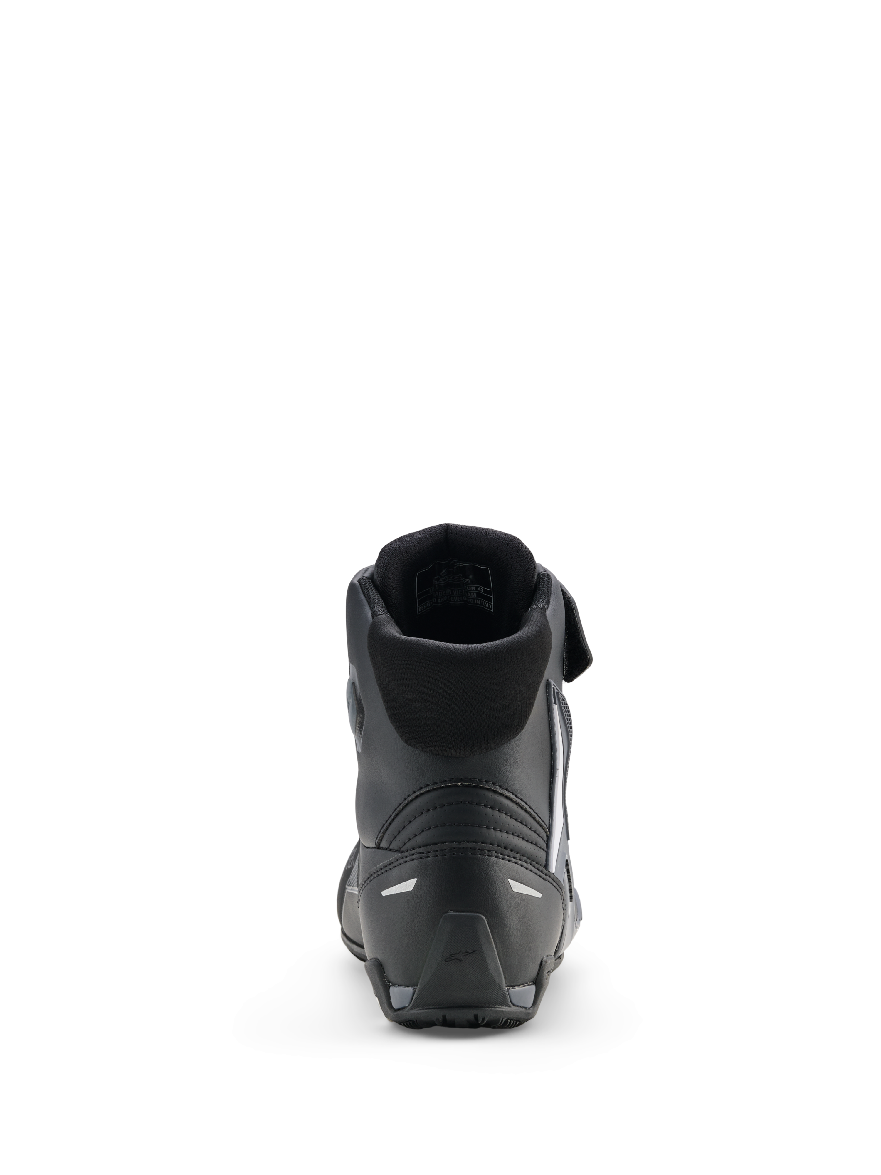Alpinestars Scarpe Faster-4 Drystar®, scarpe da moto, nero, grigio freddo e bianco, vista posteriore che mostra il colletto imbottito, tallone rinforzato con inserti riflettenti e suola in gomma testurizzata per prestazioni sportive.