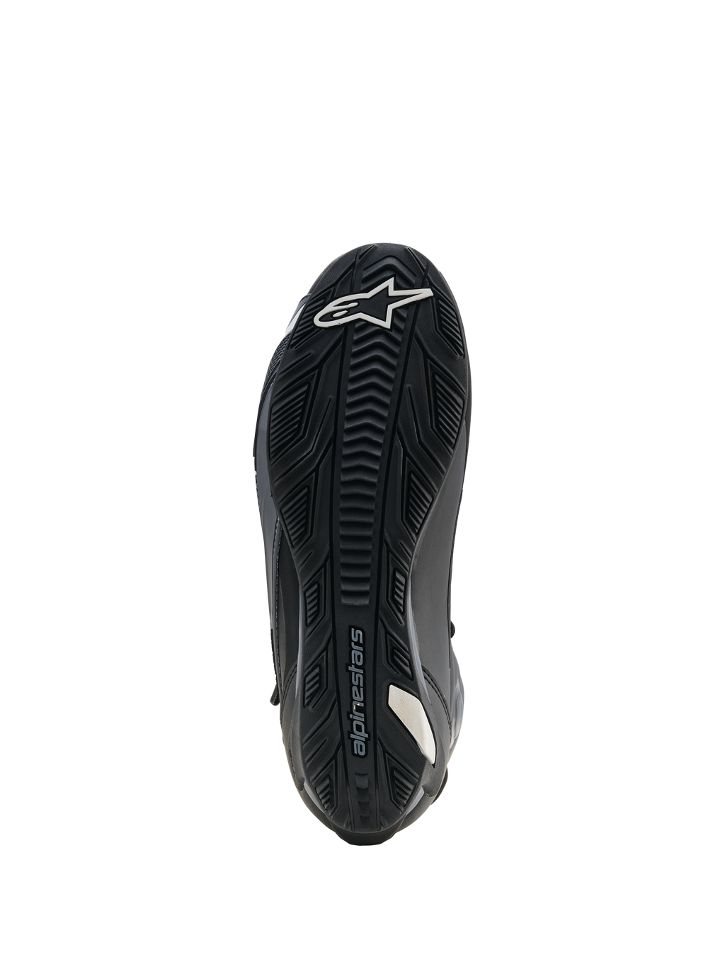 Scarpe Alpinestars Faster-4 Drystar, scarpe da moto, nero, vista della suola che mostra la suola in gomma rinforzata con grip testurizzato, logo a stella bianco sulla punta e marchio Alpinestars, progettata per stabilità e aderenza sulle pedane.