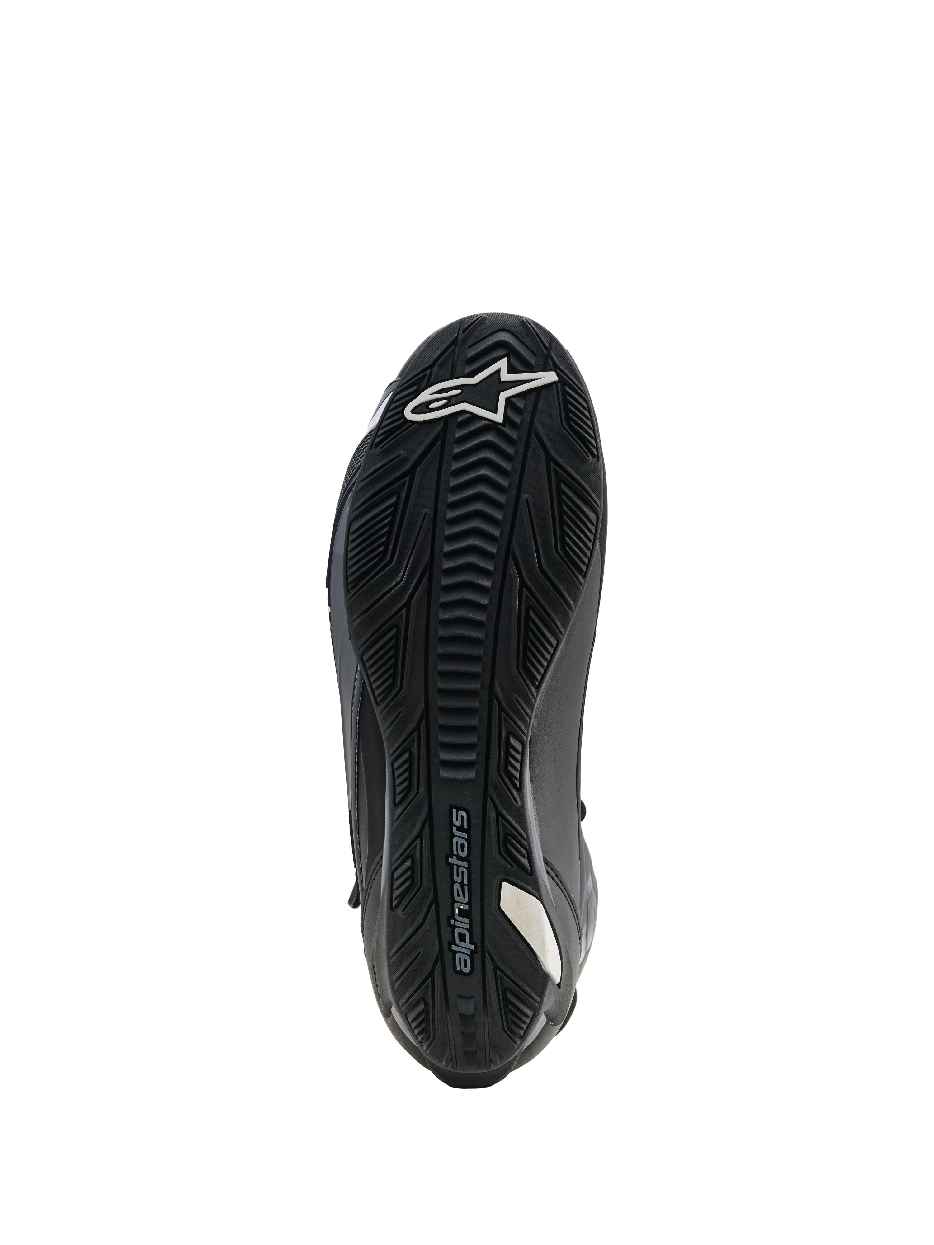 Scarpe Alpinestars Faster-4 Drystar, scarpe da moto, nero, vista della suola che mostra la suola in gomma rinforzata con grip testurizzato, logo a stella bianco sulla punta e marchio Alpinestars, progettata per stabilità e aderenza sulle pedane.