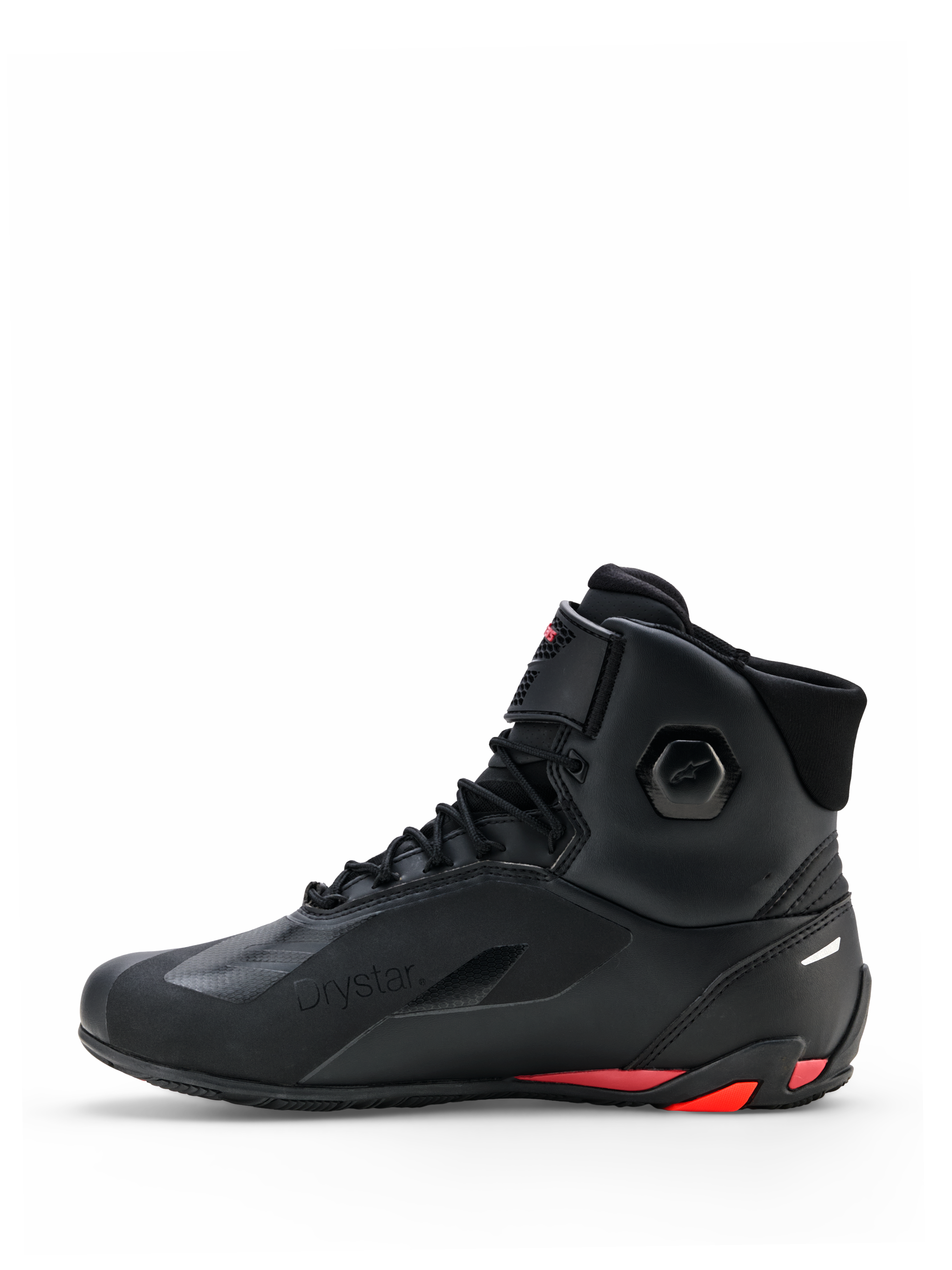 Scarpe Alpinestars Faster-4 Drystar®, scarpe da moto, nero con accenti Rio Red e Red Fluo, profilo laterale, con struttura in microfibra senza cuciture, marchio Drystar e tallone rinforzato con dettagli rossi
