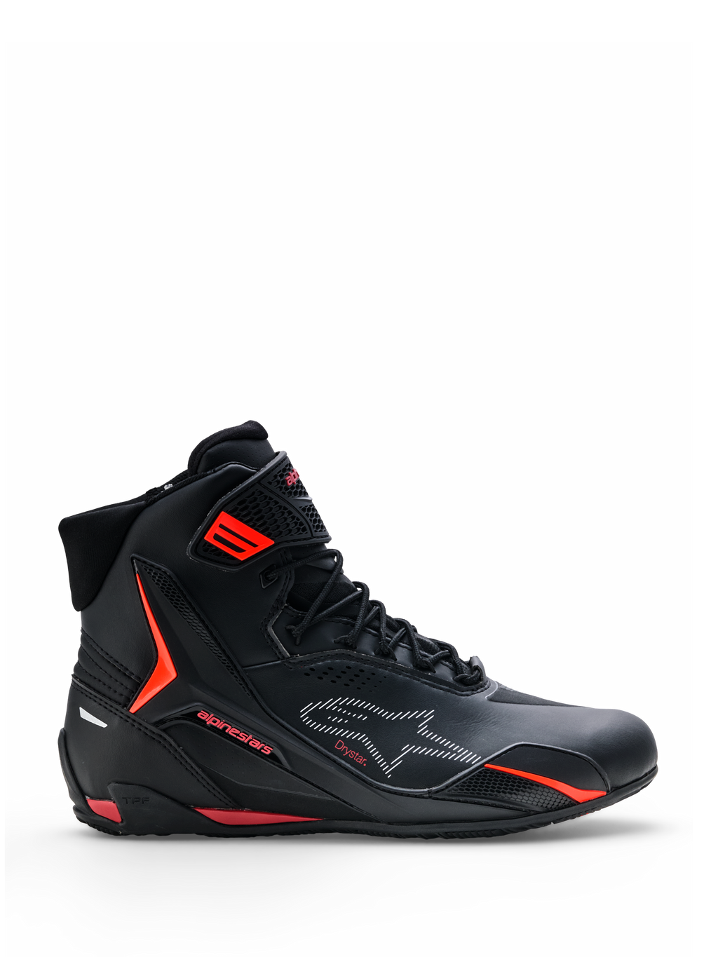 Scarpe Alpinestars Faster-4 Drystar®, scarpe da moto, nere con dettagli Rio Red e Red Fluo, vista laterale di profilo, design a profilo alto con chiusura a lacci e cinturino sulla caviglia, stile urban sportivo