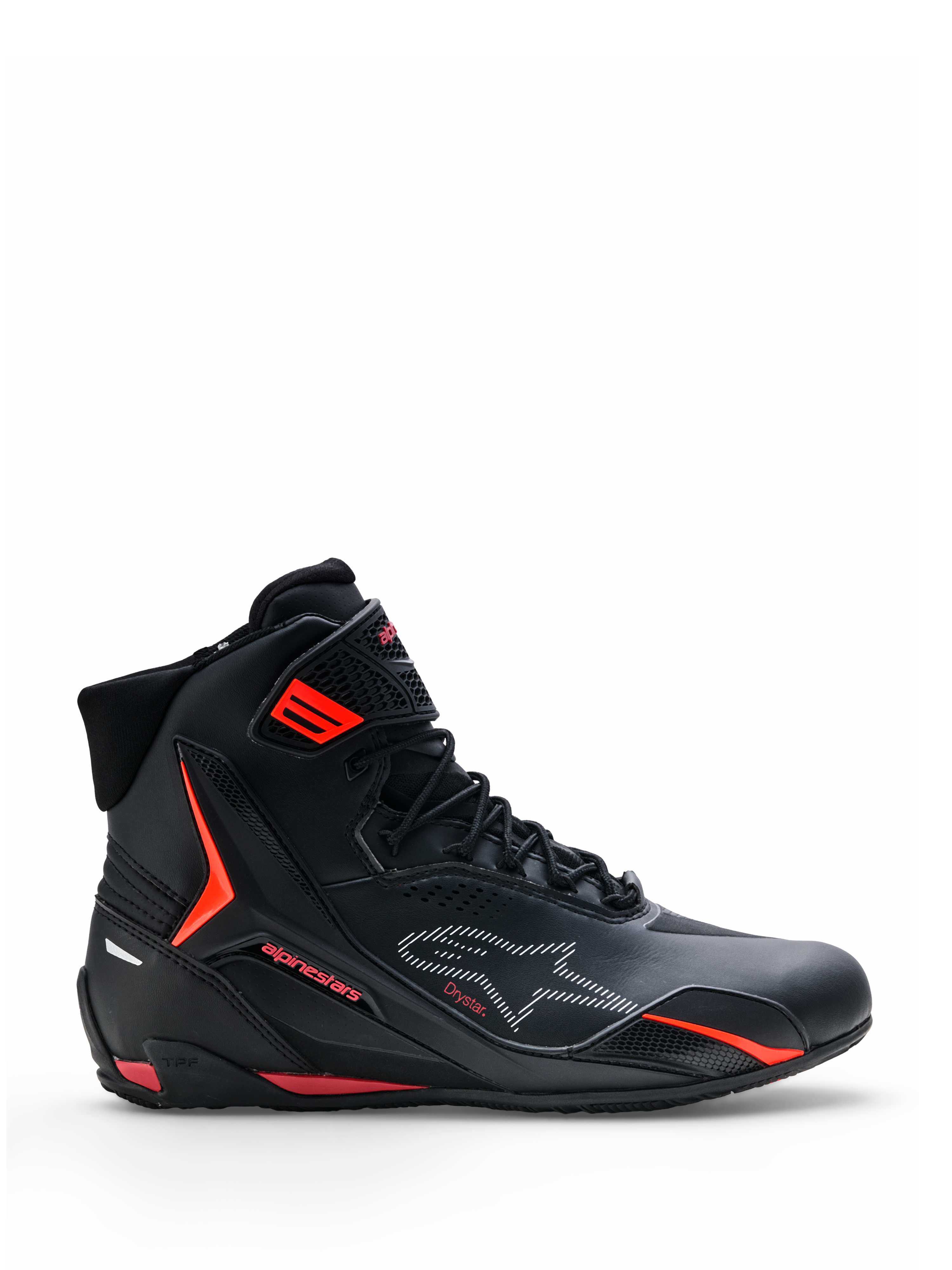 Scarpe Alpinestars Faster-4 Drystar®, scarpe da moto, nere con dettagli Rio Red e Red Fluo, vista laterale di profilo, design a profilo alto con chiusura a lacci e cinturino sulla caviglia, stile urban sportivo