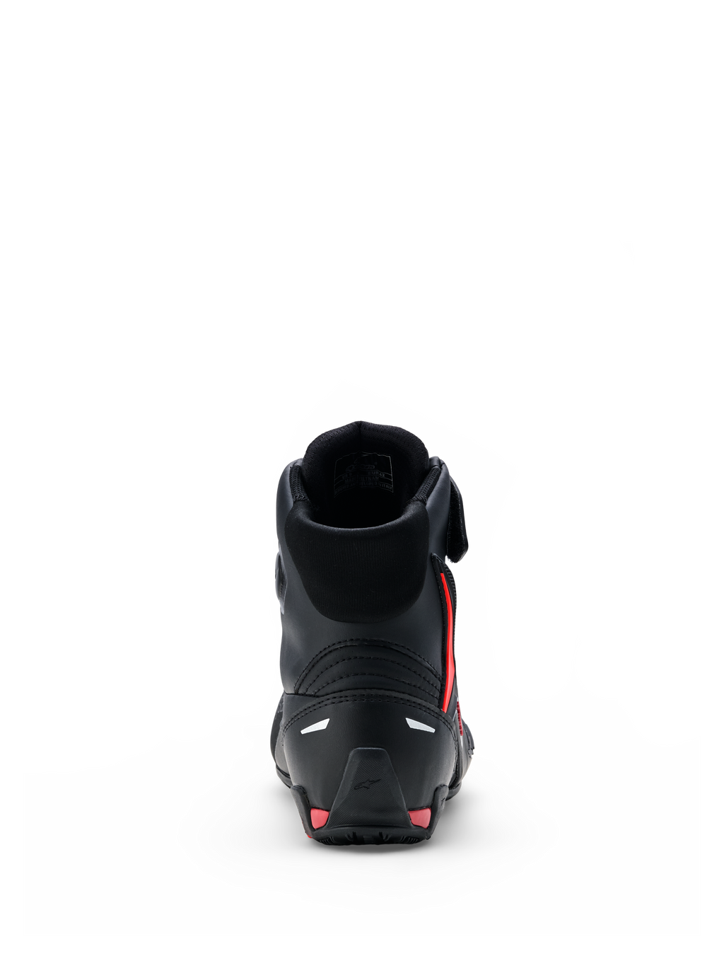 Scarpe Alpinestars Faster-4 Drystar®, scarpe da moto, nero con accenti Rio Red e rosso fluo, vista posteriore con contrafforte del tallone rinforzato, design high-top e costruzione in microfibra senza cuciture.
