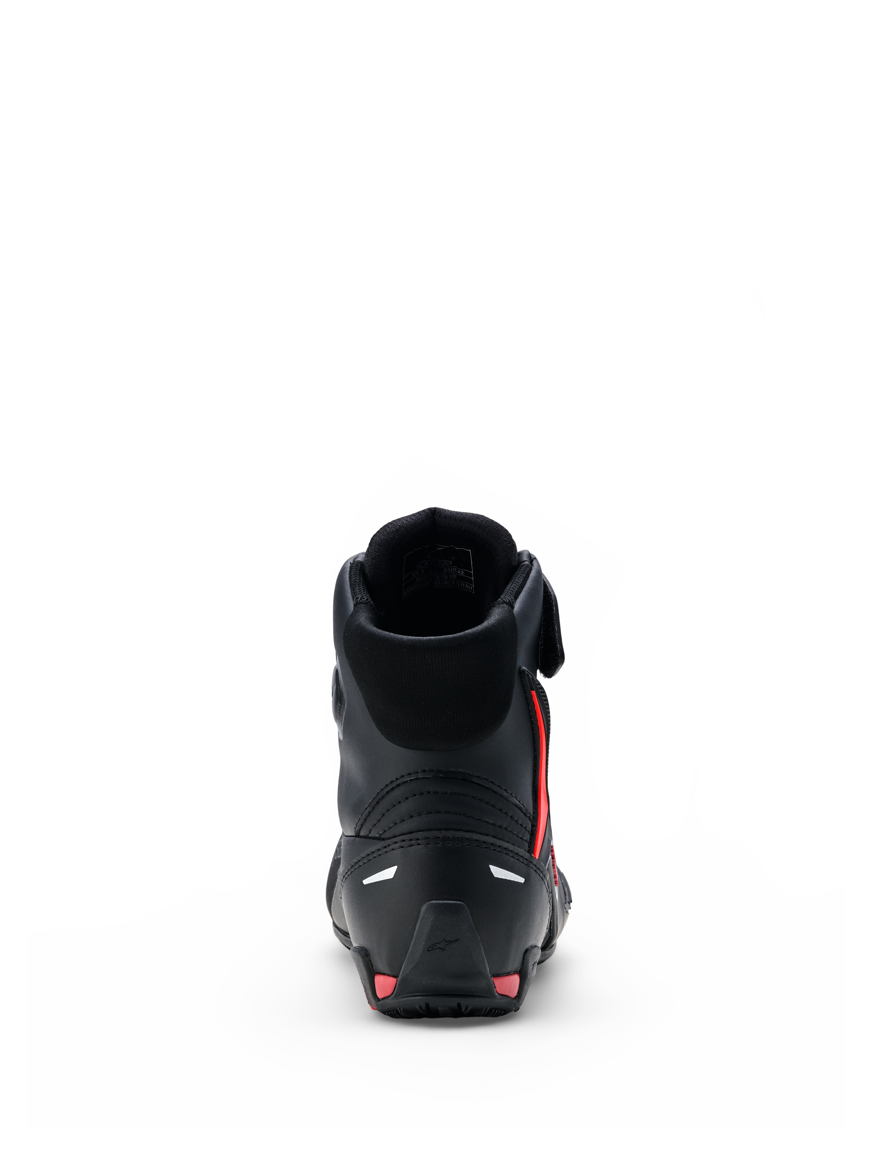 Scarpe Alpinestars Faster-4 Drystar®, scarpe da moto, nero con accenti Rio Red e rosso fluo, vista posteriore con contrafforte del tallone rinforzato, design high-top e costruzione in microfibra senza cuciture.
