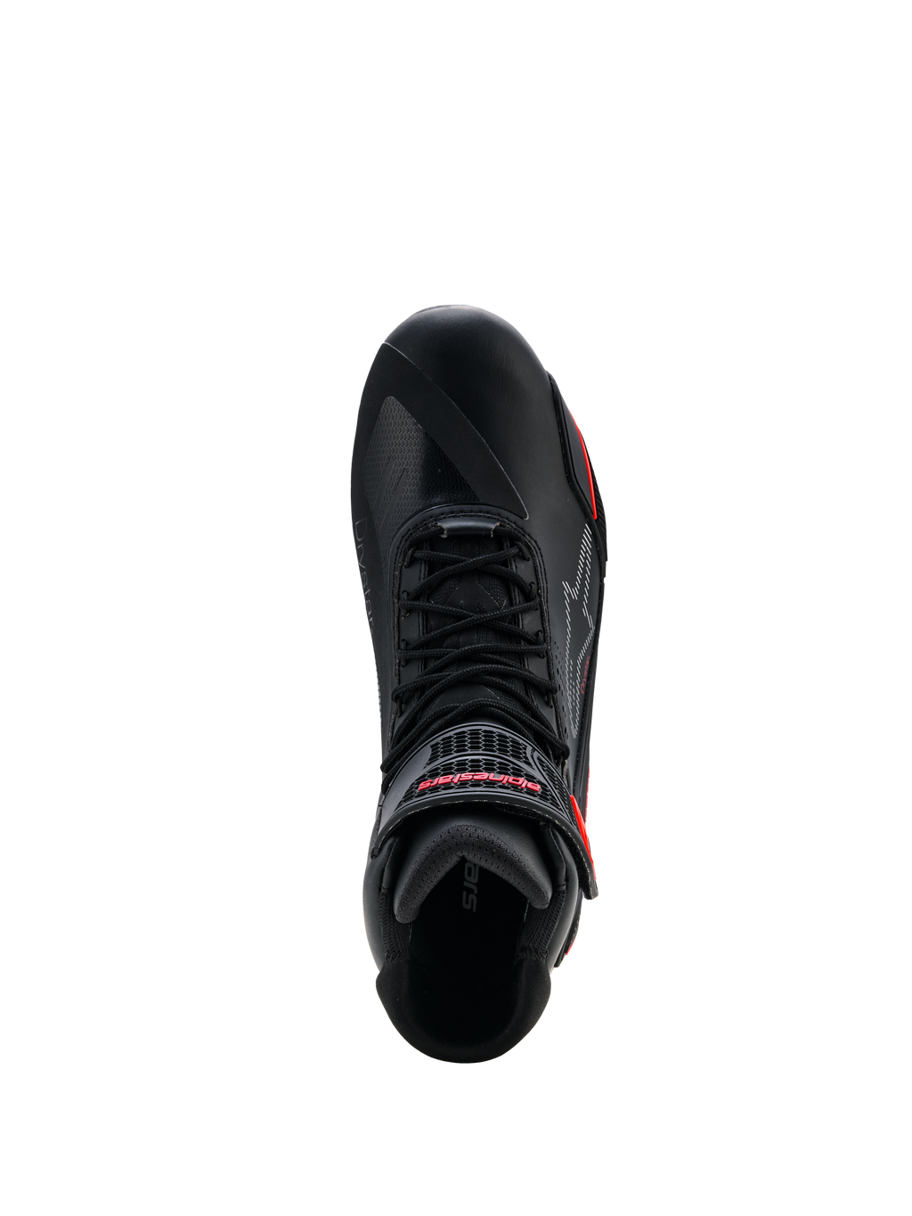 Scarpe Alpinestars Faster-4 Drystar®, nero con accenti Rio Red e Red Fluo, vista dall'alto che mostra il sistema di allacciatura e il cinturino a strappo con marchio rosso, calzature da moto impermeabili