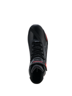 Scarpe Alpinestars Faster-4 Drystar®, nero con accenti Rio Red e Red Fluo, vista dall'alto che mostra il sistema di allacciatura e il cinturino a strappo con marchio rosso, calzature da moto impermeabili
