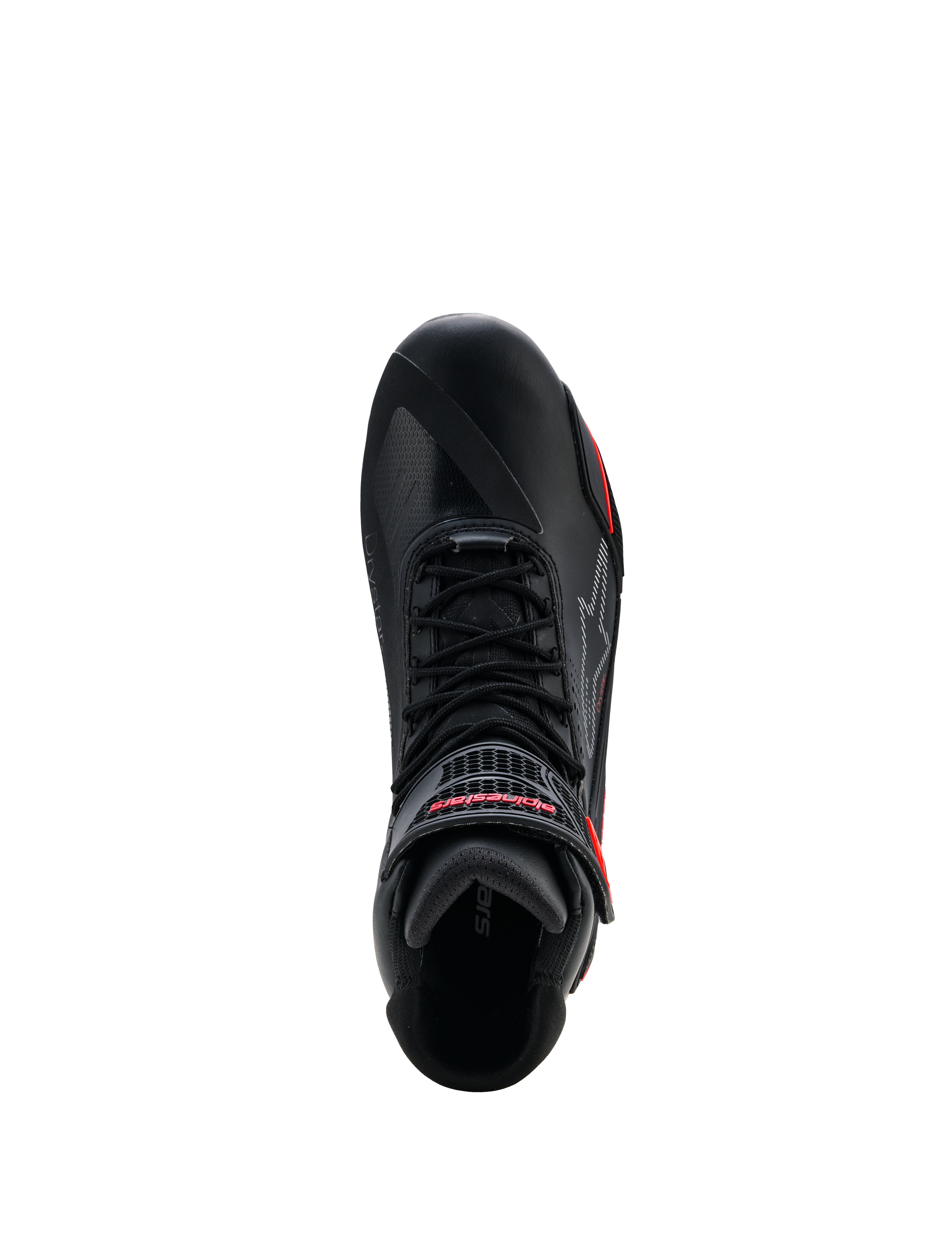 Scarpe Alpinestars Faster-4 Drystar®, nero con accenti Rio Red e Red Fluo, vista dall'alto che mostra il sistema di allacciatura e il cinturino a strappo con marchio rosso, calzature da moto impermeabili