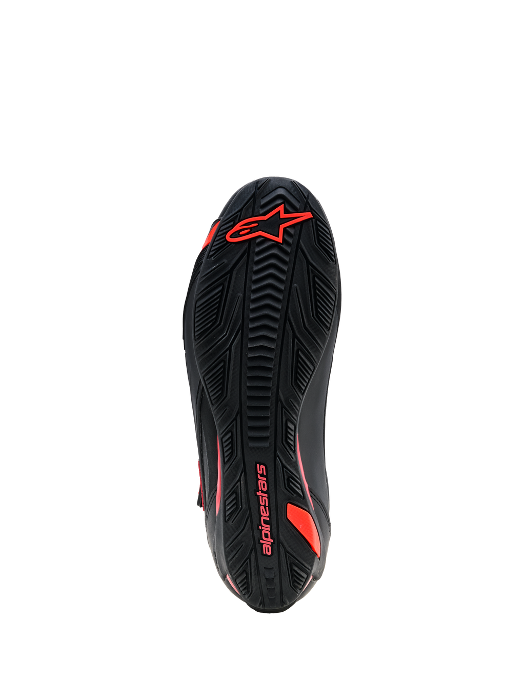 Alpinestars Faster-4 Drystar® Shoes, vista della suola, nero con dettagli rosso fluo, suola in gomma testurizzata con logo e scritta Alpinestars, calzature resistenti per la guida in moto