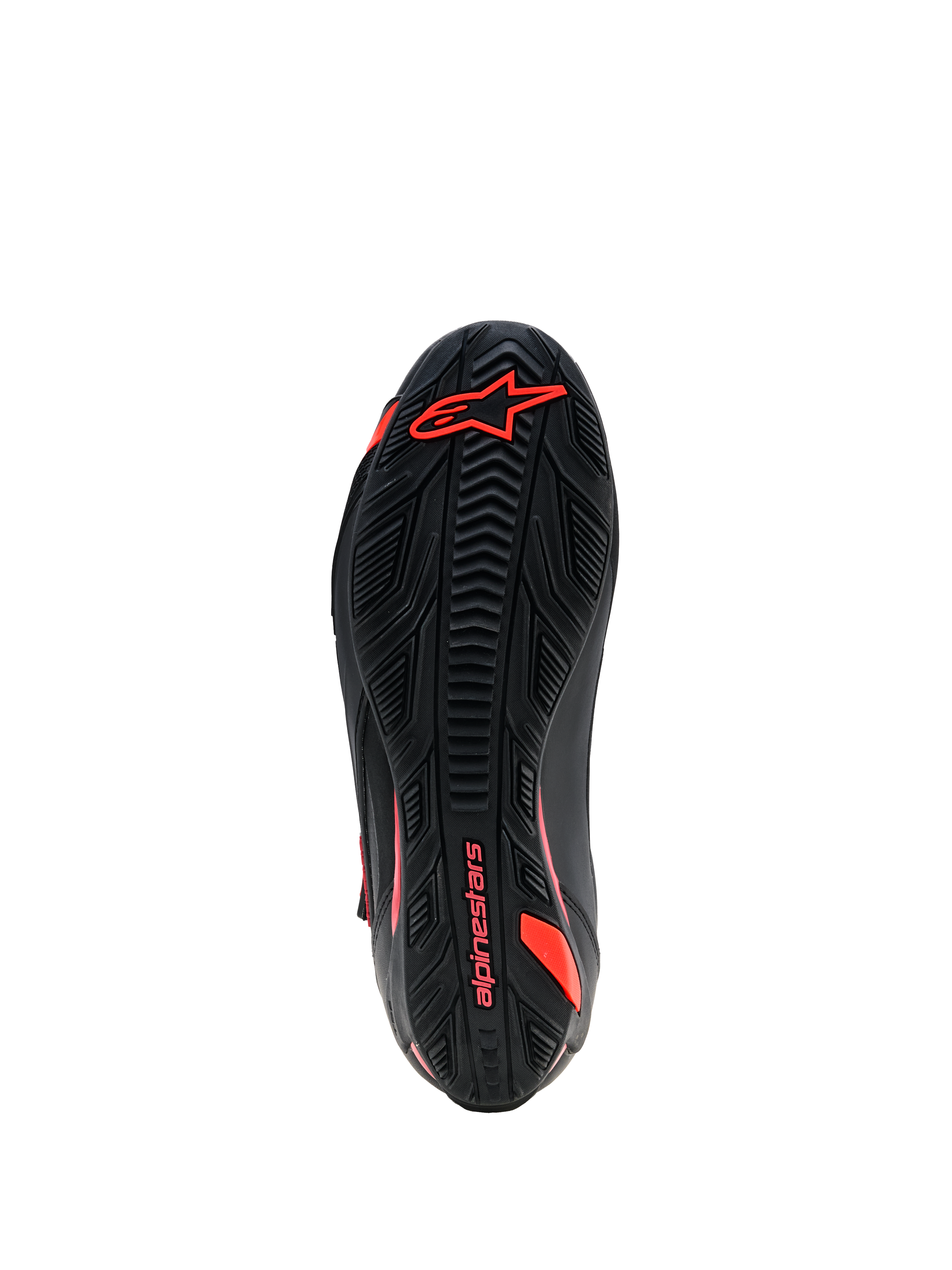 Alpinestars Faster-4 Drystar® Shoes, vista della suola, nero con dettagli rosso fluo, suola in gomma testurizzata con logo e scritta Alpinestars, calzature resistenti per la guida in moto