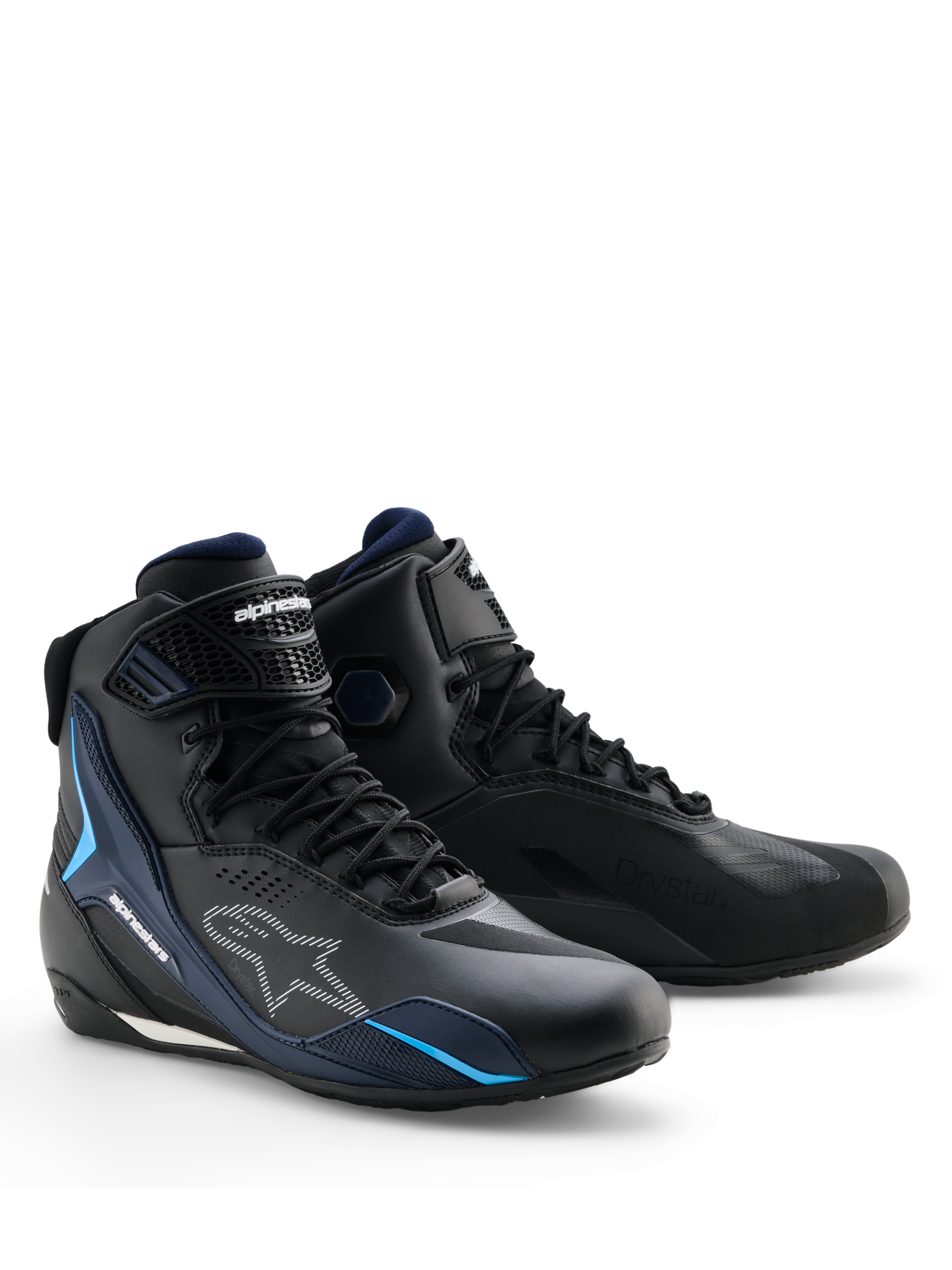 Alpinestars Faster-4 Drystar® Shoes, scarpe da moto impermeabili, Nero Night Navy Cyan, con loghi Alpinestars bianchi e accenti blu ciano, design sportivo con chiusura a lacci e a strappo