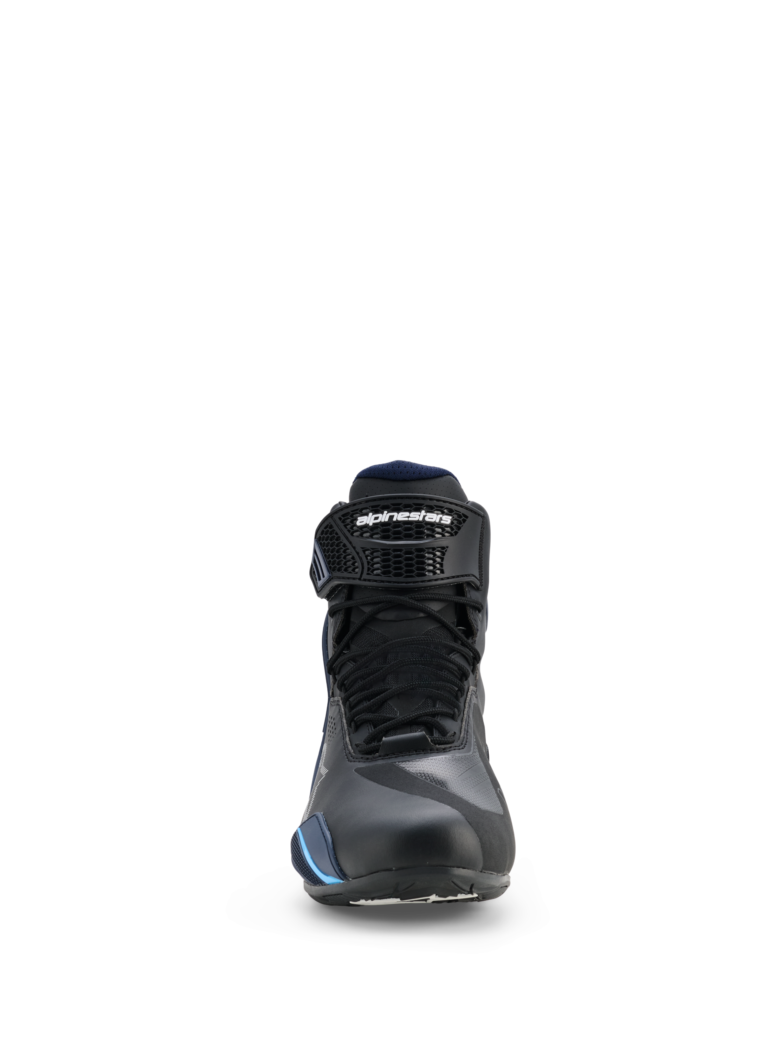 Scarpe Alpinestars Faster-4 Drystar®, scarpe da moto impermeabili, Nero Night Navy Cyan, vista frontale che mostra i lacci e il cinturino regolabile sulla caviglia con marchio Alpinestars, design aerodinamico per la guida sportiva