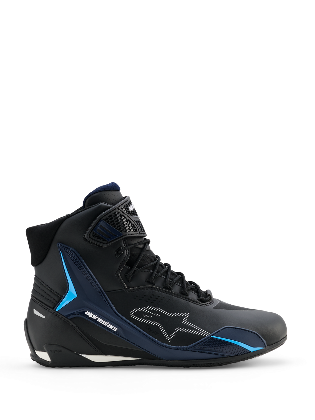 Scarpe Alpinestars Faster-4 Drystar, scarpe da moto, nero night navy ciano, vista laterale con design da sneaker high-top, pannelli di supporto in TPU ciano, logo Alpinestars bianco tratteggiato e chiusura con lacci e cinturino testurizzato sulla caviglia.