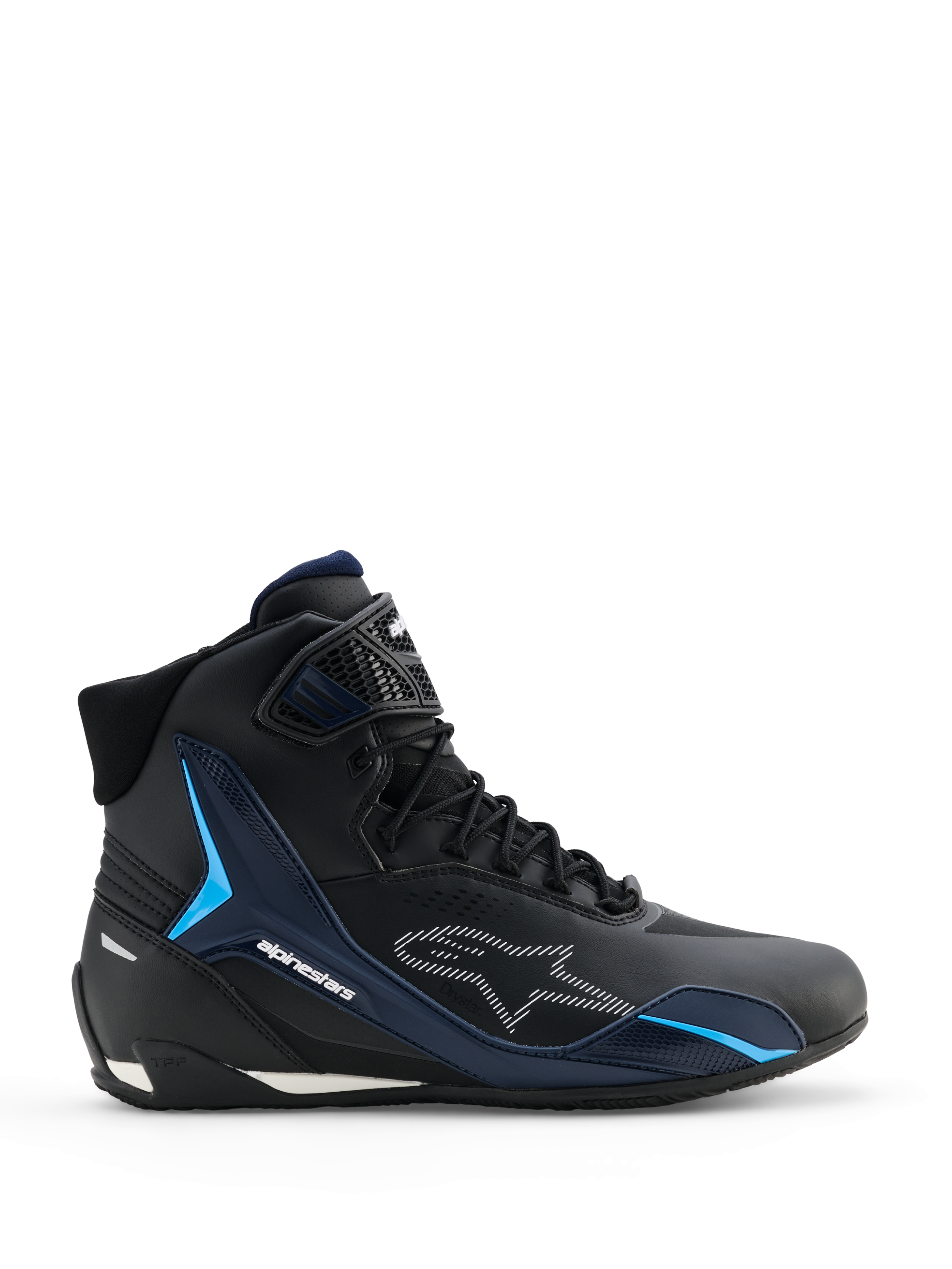 Scarpe Alpinestars Faster-4 Drystar, scarpe da moto, nero night navy ciano, vista laterale con design da sneaker high-top, pannelli di supporto in TPU ciano, logo Alpinestars bianco tratteggiato e chiusura con lacci e cinturino testurizzato sulla caviglia.