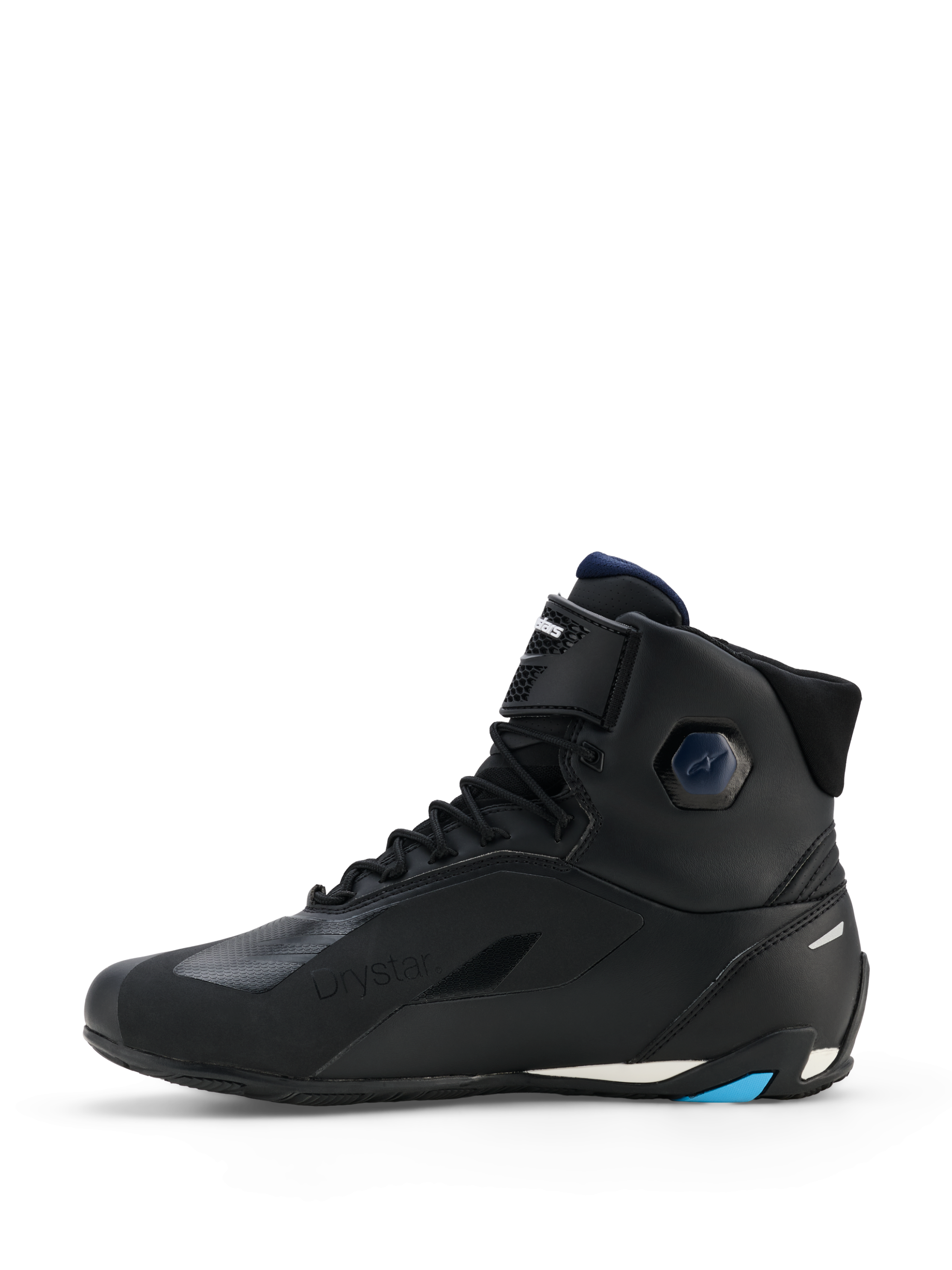 Alpinestars Scarpe Faster-4 Drystar®, scarpe da moto high-top, nero con accenti Night Navy e Cyan, vista laterale, dotate di chiusura con lacci, cinturino alla caviglia a strappo e suola protettiva rinforzata