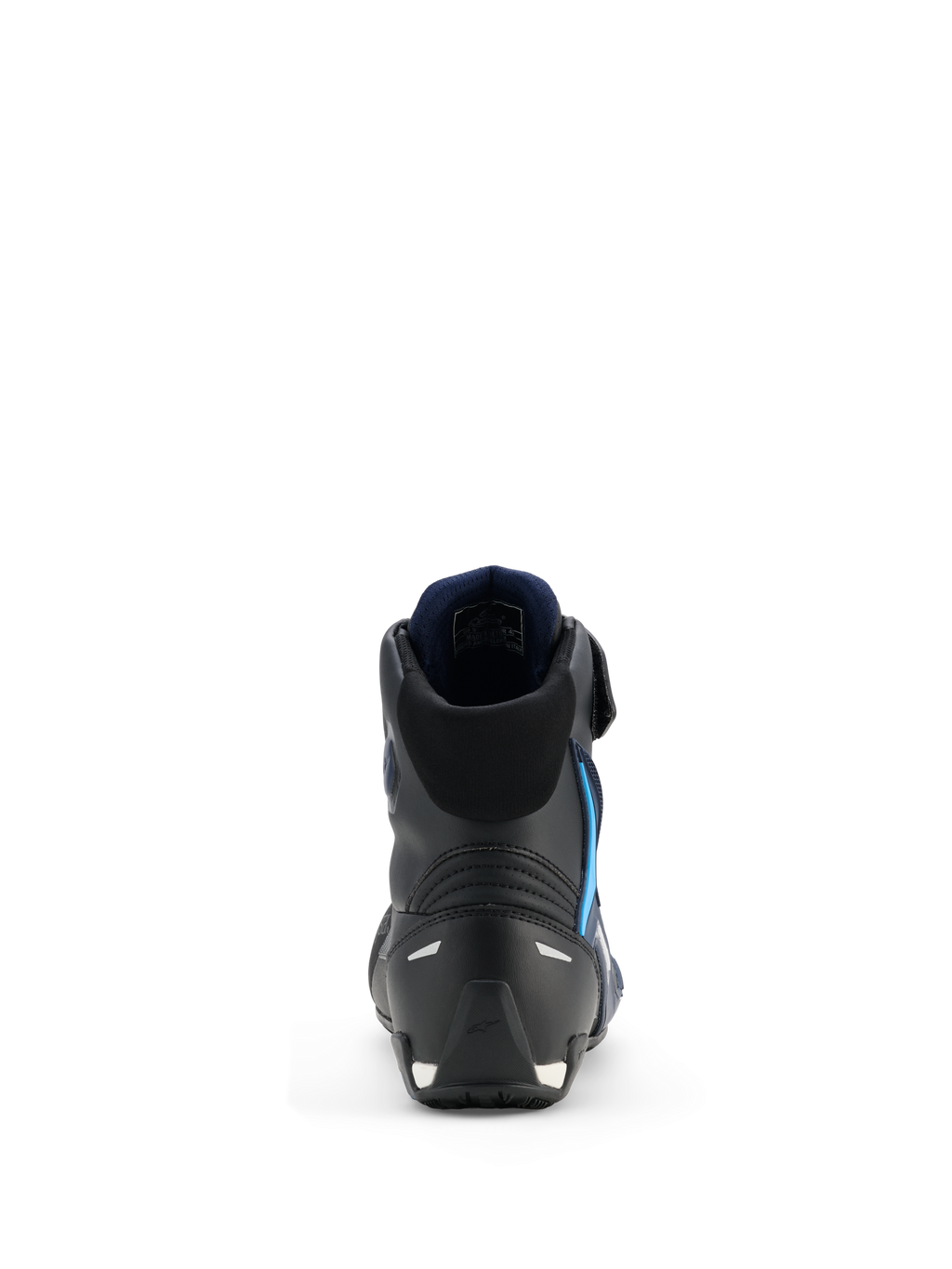 Scarpe Alpinestars Faster-4 Drystar®, scarpe da moto, nero night navy cyan, vista posteriore che evidenzia la struttura rinforzata del tallone e della caviglia, fodera interna blu navy, dettagli riflettenti, design atletico per prestazioni su strada