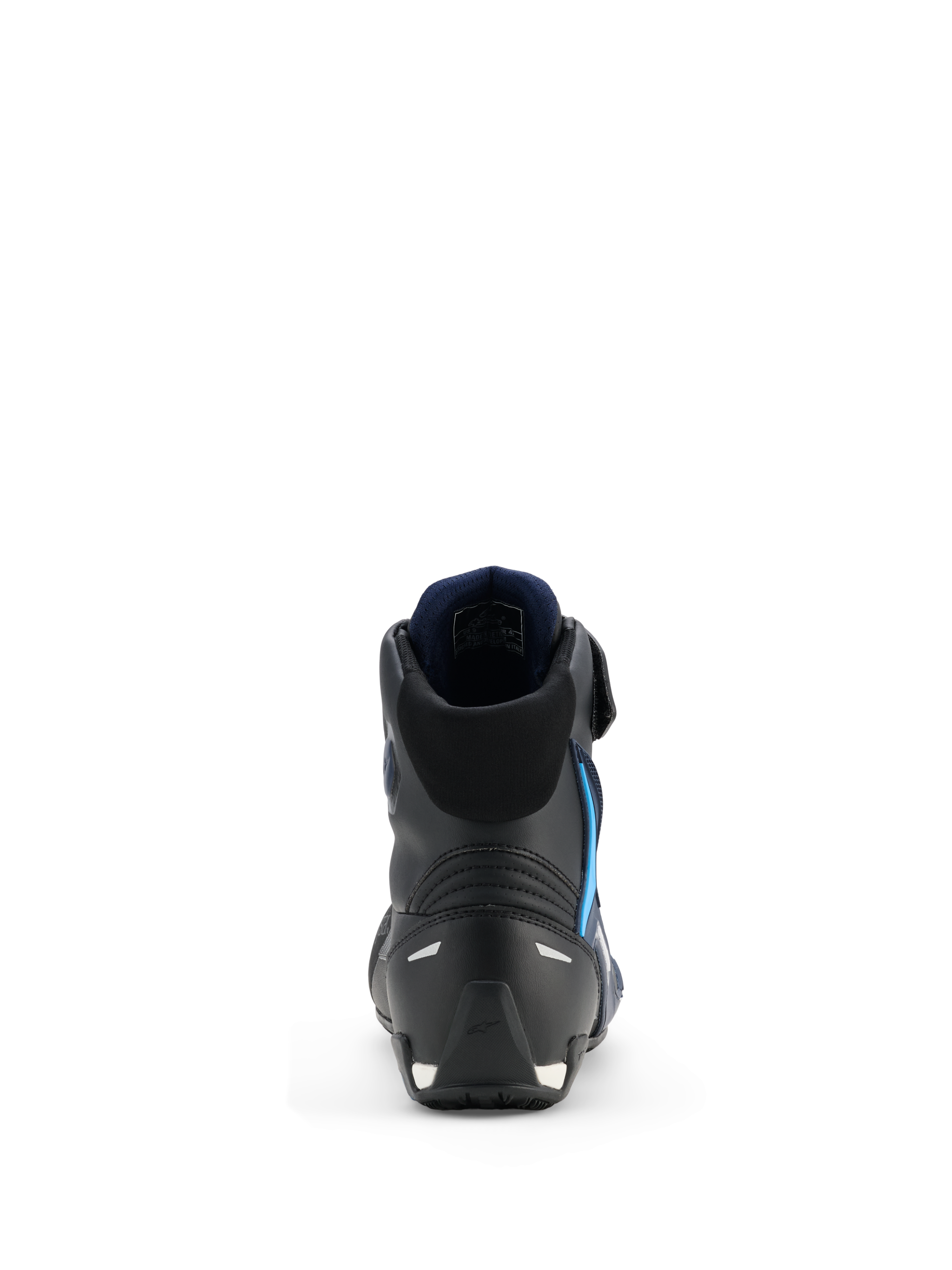 Scarpe Alpinestars Faster-4 Drystar®, scarpe da moto, nero night navy cyan, vista posteriore che evidenzia la struttura rinforzata del tallone e della caviglia, fodera interna blu navy, dettagli riflettenti, design atletico per prestazioni su strada