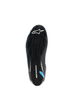 Scarpe Alpinestars Faster-4 Drystar®, vista suola, Nero Night Navy Cyan, con suola in gomma rinforzata e grip testurizzato, logo Alpinestars bianco e accenti blu ciano, progettate per la stabilità alla guida della moto