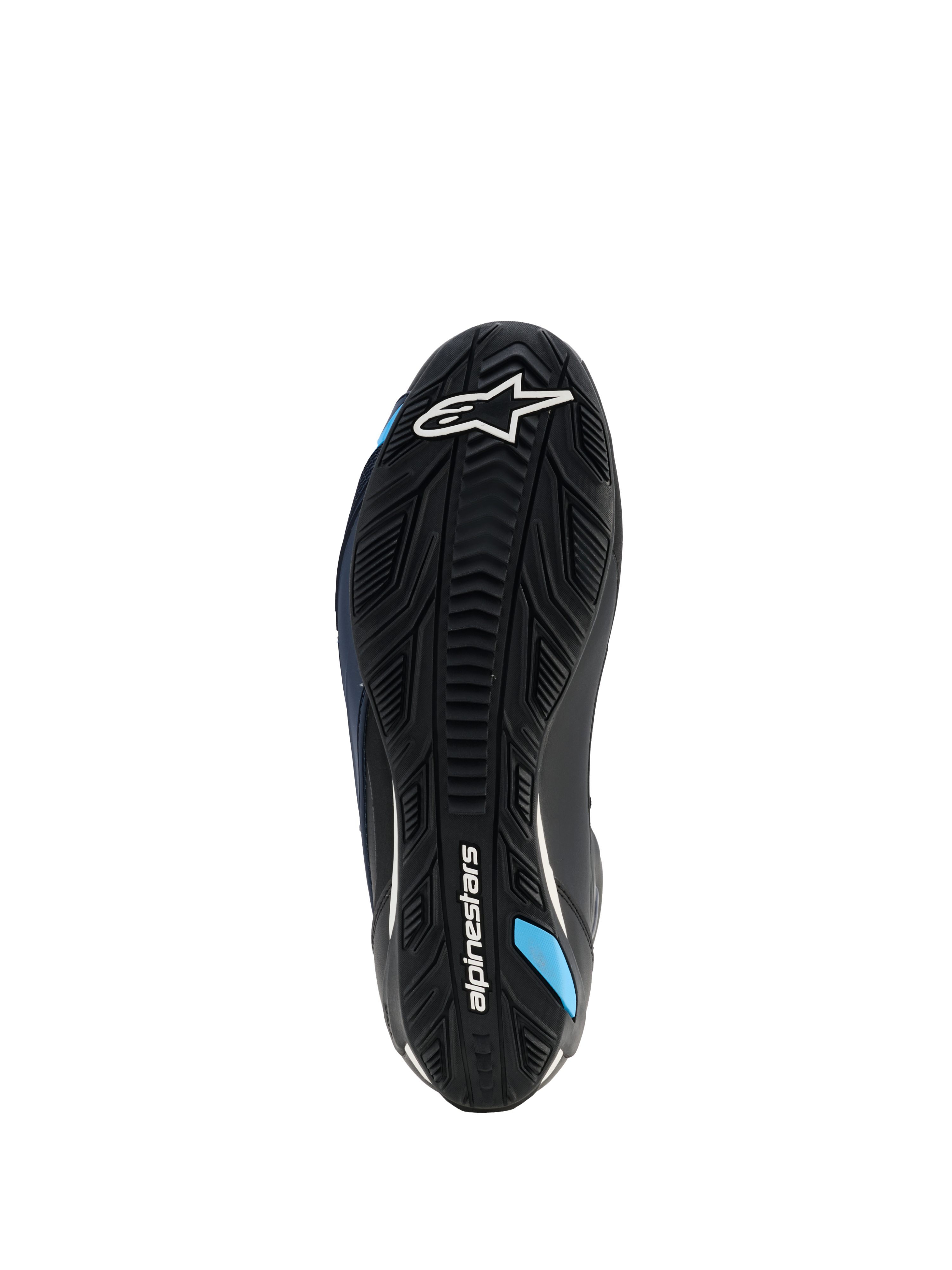 Scarpe Alpinestars Faster-4 Drystar®, vista suola, Nero Night Navy Cyan, con suola in gomma rinforzata e grip testurizzato, logo Alpinestars bianco e accenti blu ciano, progettate per la stabilità alla guida della moto