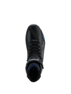 Scarpe Alpinestars Faster-4 Drystar®, vista dall'alto di scarpa da moto nera con accenti Black Night Navy Cyan, chiusura con lacci e cinturino a strappo, costruzione in microfibra impermeabile, calzatura per guida sportiva su strada