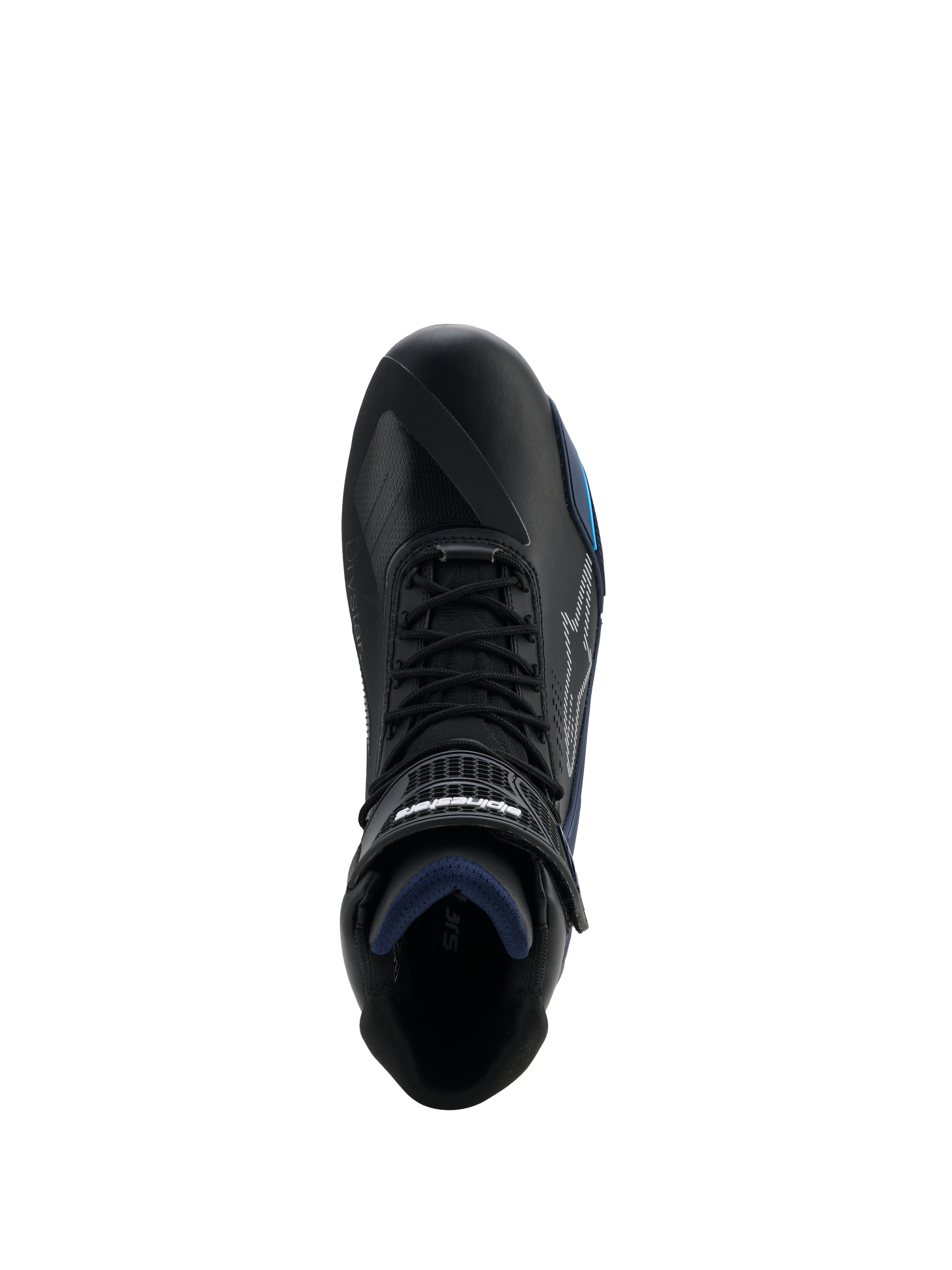 Scarpe Alpinestars Faster-4 Drystar®, vista dall'alto di scarpa da moto nera con accenti Black Night Navy Cyan, chiusura con lacci e cinturino a strappo, costruzione in microfibra impermeabile, calzatura per guida sportiva su strada