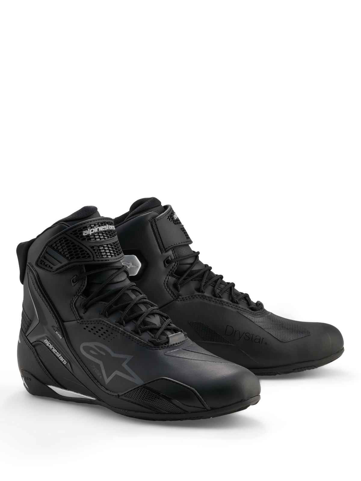 Scarpe Alpinestars Stella Faster-4 Drystar®, scarpe da moto impermeabili da donna, nero e argento, tomaia in microfibra con chiusura a lacci e cinturino alla caviglia, rinforzi protettivi in TPU e logo Alpinestars