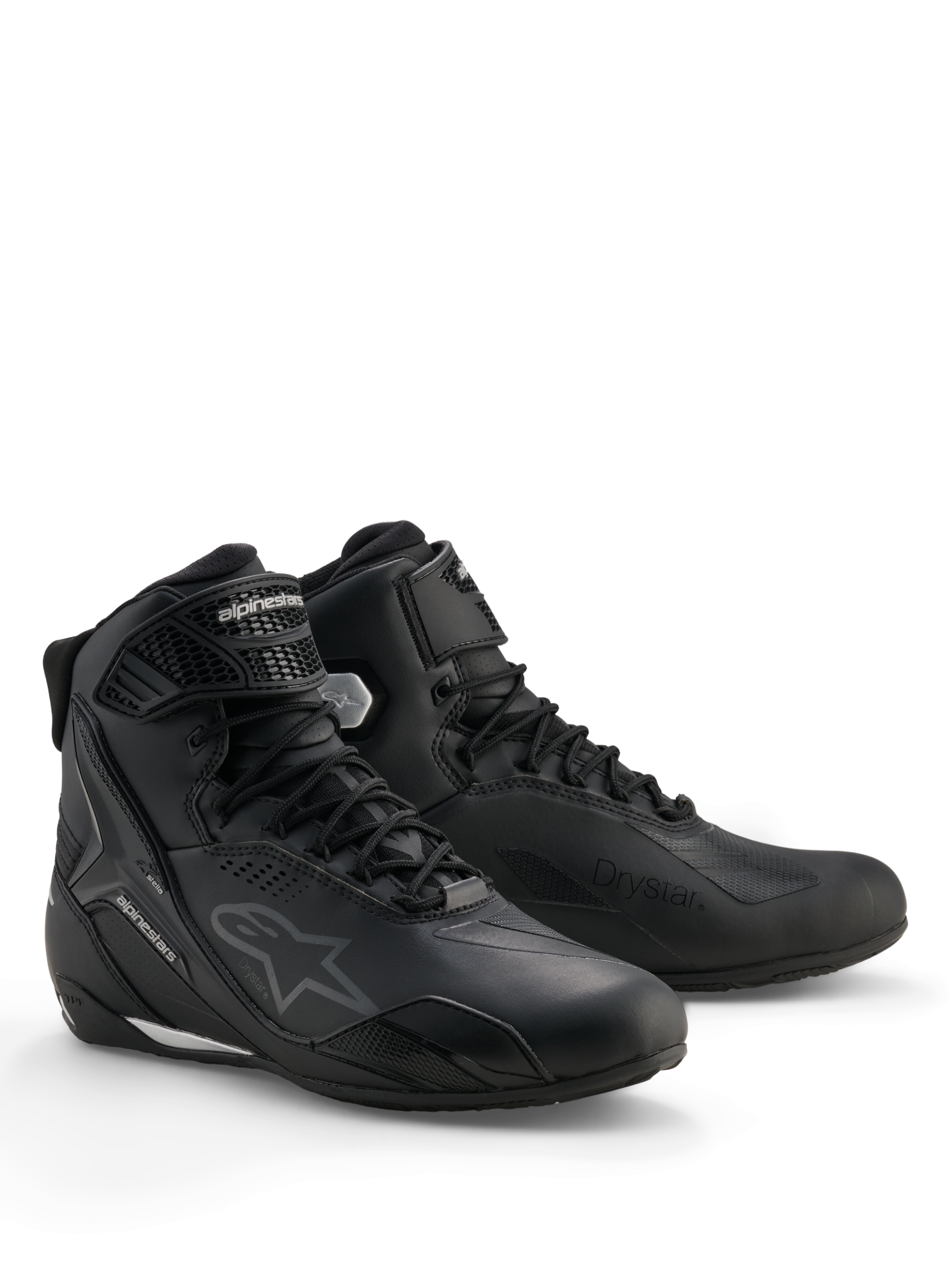 Scarpe Alpinestars Stella Faster-4 Drystar®, scarpe da moto impermeabili da donna, nero e argento, tomaia in microfibra con chiusura a lacci e cinturino alla caviglia, rinforzi protettivi in TPU e logo Alpinestars