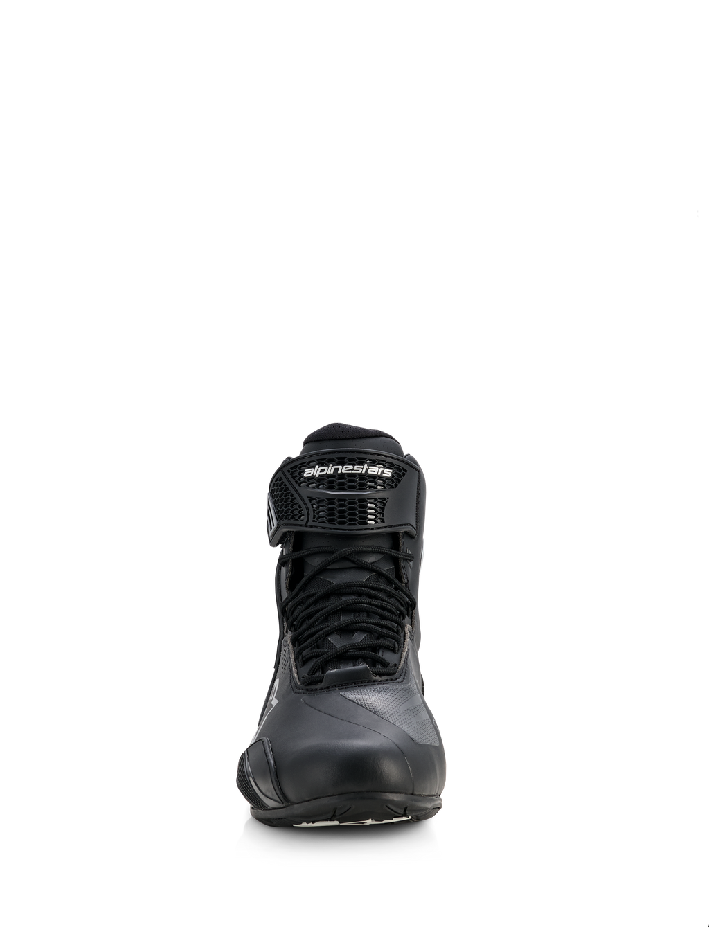 Scarpe Alpinestars Stella Faster-4 Drystar® da donna, scarpe da moto, nero con accenti argento, vista frontale che mostra la chiusura con lacci e il cinturino a strappo sulla caviglia, design impermeabile per guida sportiva e stradale