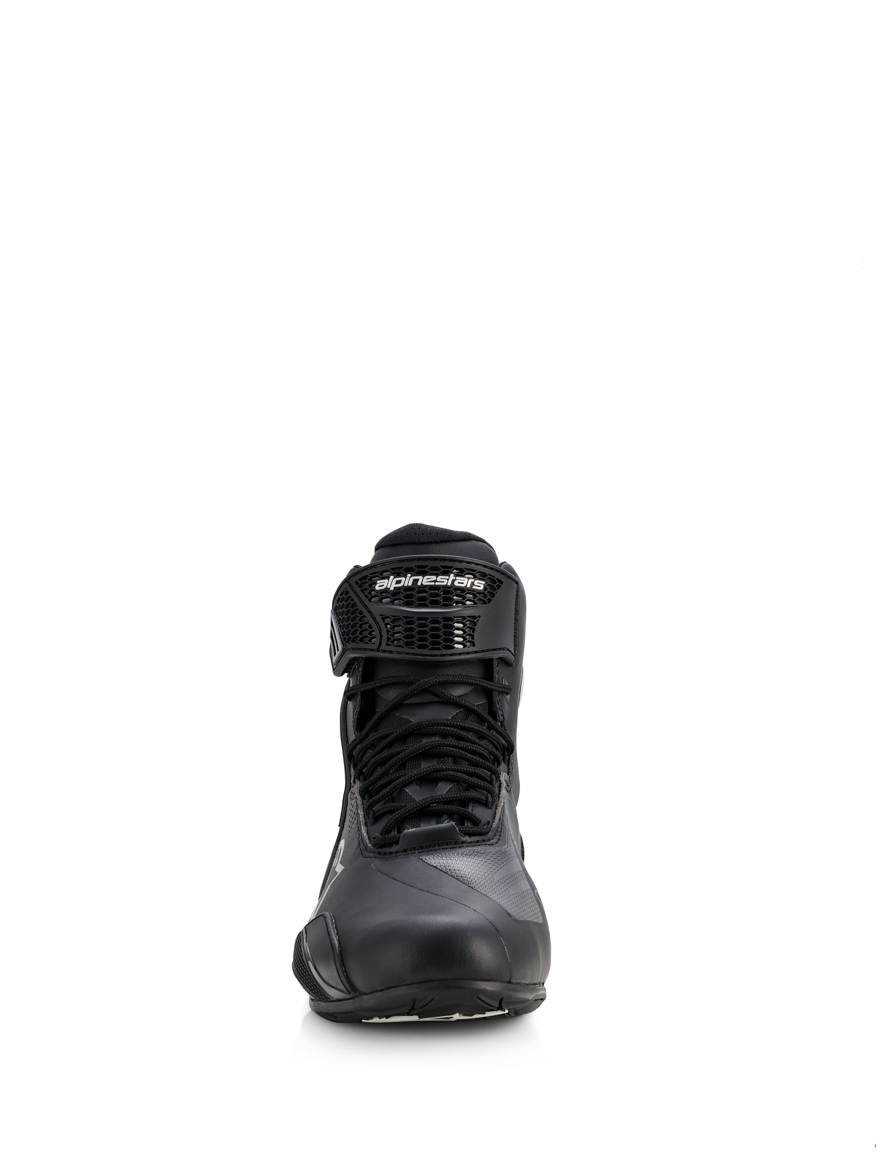 Scarpe Alpinestars Stella Faster-4 Drystar® da donna, scarpe da moto, nero con accenti argento, vista frontale che mostra la chiusura con lacci e il cinturino a strappo sulla caviglia, design impermeabile per guida sportiva e stradale