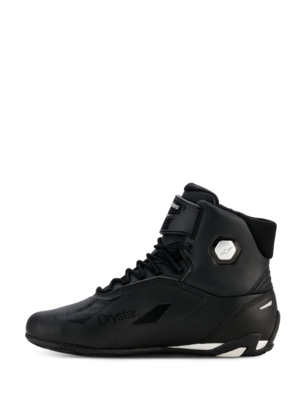 Scarpe Alpinestars Stella Faster-4 Drystar® da donna, nero e argento, vista laterale di profilo, scarpe da moto impermeabili con tomaia in microfibra, chiusura con lacci e cinturino a strappo, con marchio Drystar e logo argento sulla caviglia.
