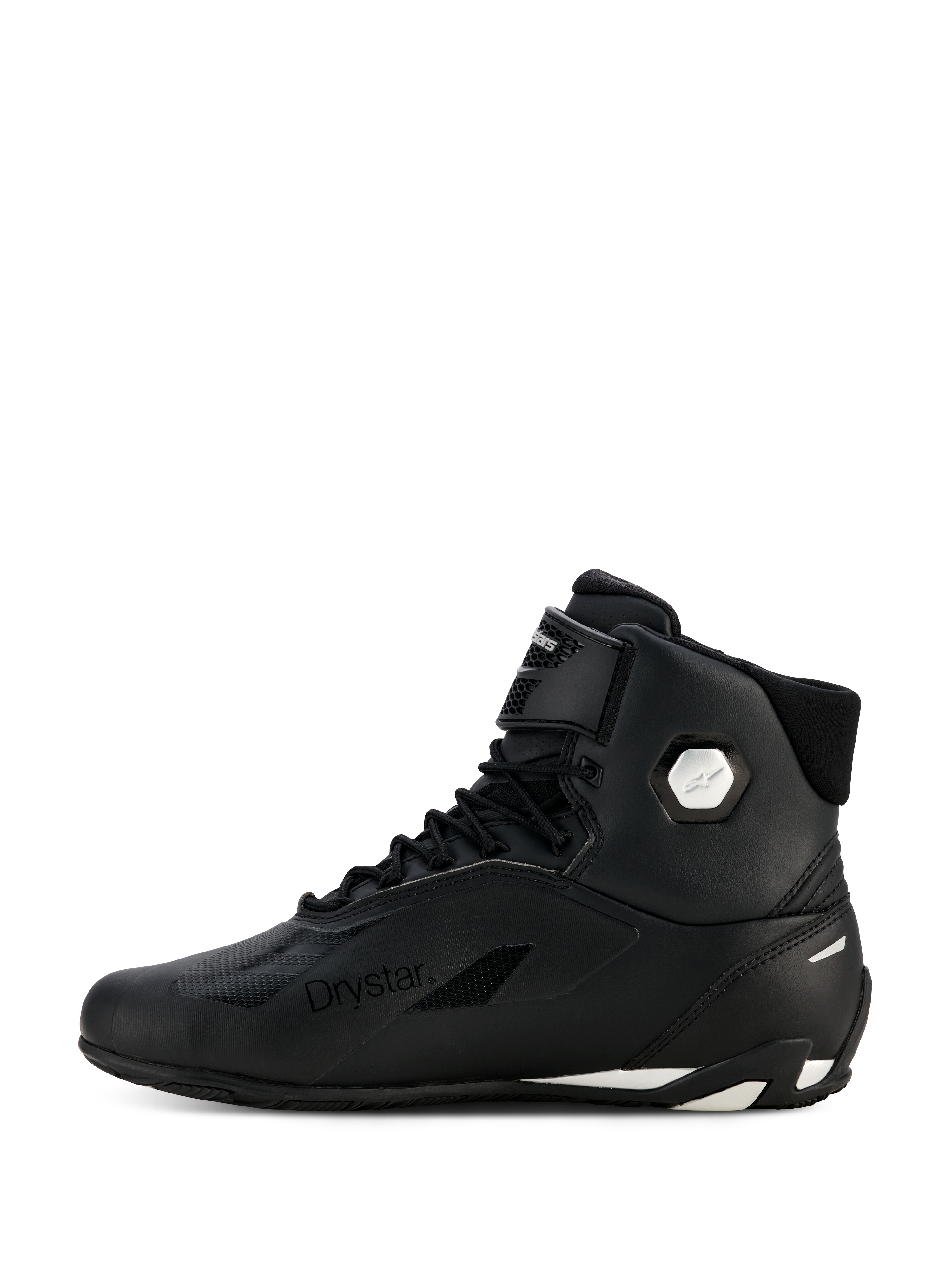 Scarpe Alpinestars Stella Faster-4 Drystar® da donna, nero e argento, vista laterale di profilo, scarpe da moto impermeabili con tomaia in microfibra, chiusura con lacci e cinturino a strappo, con marchio Drystar e logo argento sulla caviglia.