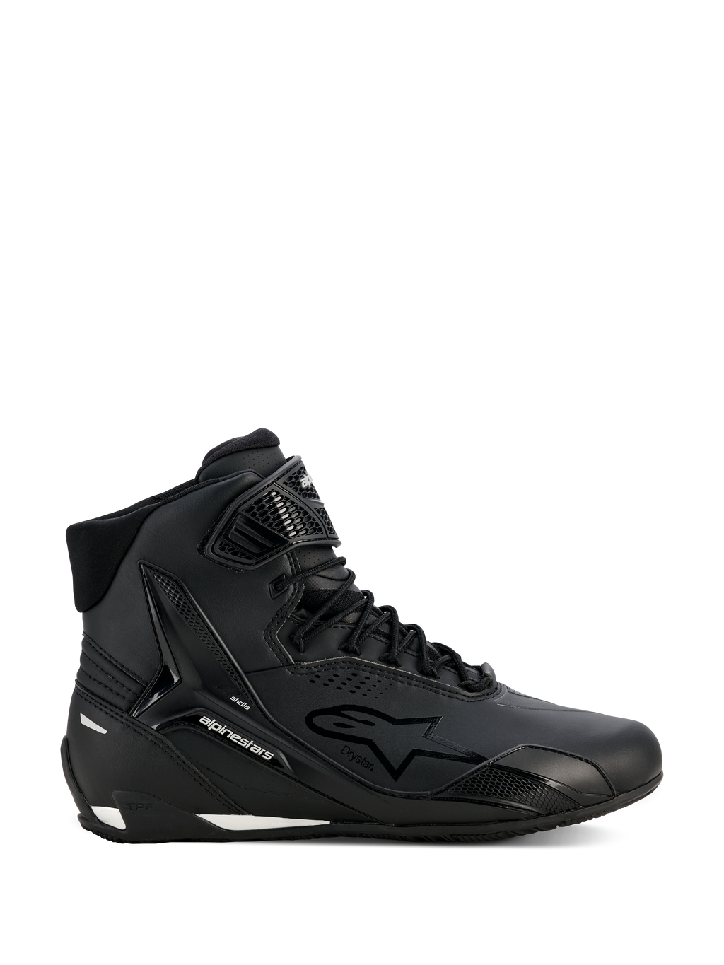 Scarpe Alpinestars Stella Faster-4 Drystar, scarpe da moto da donna, nero e argento, design high-top, chiusura con lacci e cinturino a strappo sulla caviglia, tomaia in microfibra senza cuciture, tecnologia impermeabile, dettagli bianchi su suola e tallone
