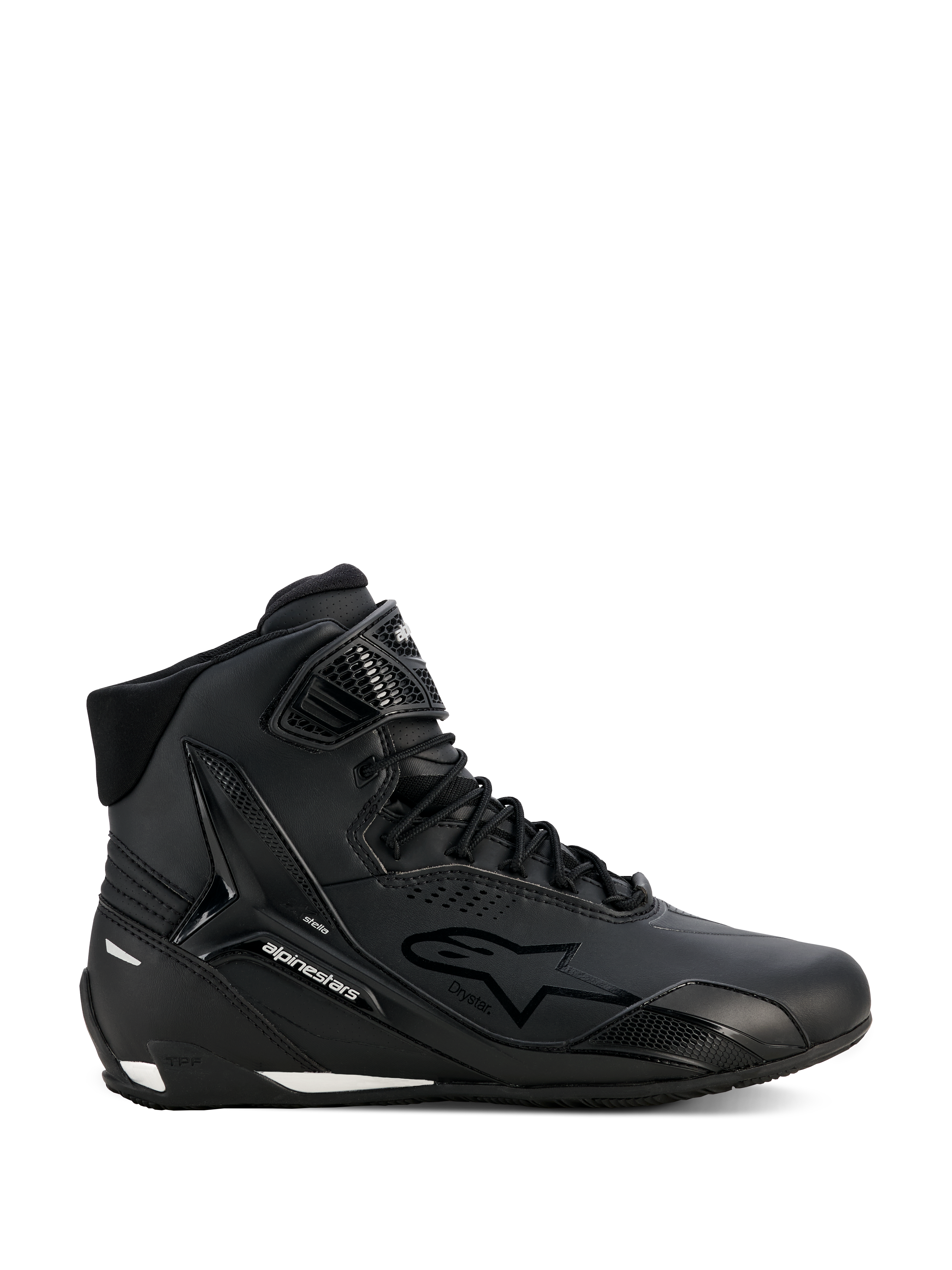 Scarpe Alpinestars Stella Faster-4 Drystar, scarpe da moto da donna, nero e argento, design high-top, chiusura con lacci e cinturino a strappo sulla caviglia, tomaia in microfibra senza cuciture, tecnologia impermeabile, dettagli bianchi su suola e tallone