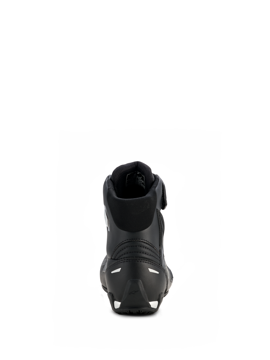 Alpinestars Scarpe Stella Faster-4 Drystar® da donna, nero e argento, vista posteriore che mostra il tallone rinforzato con dettagli argento, colletto imbottito e design in microfibra impermeabile