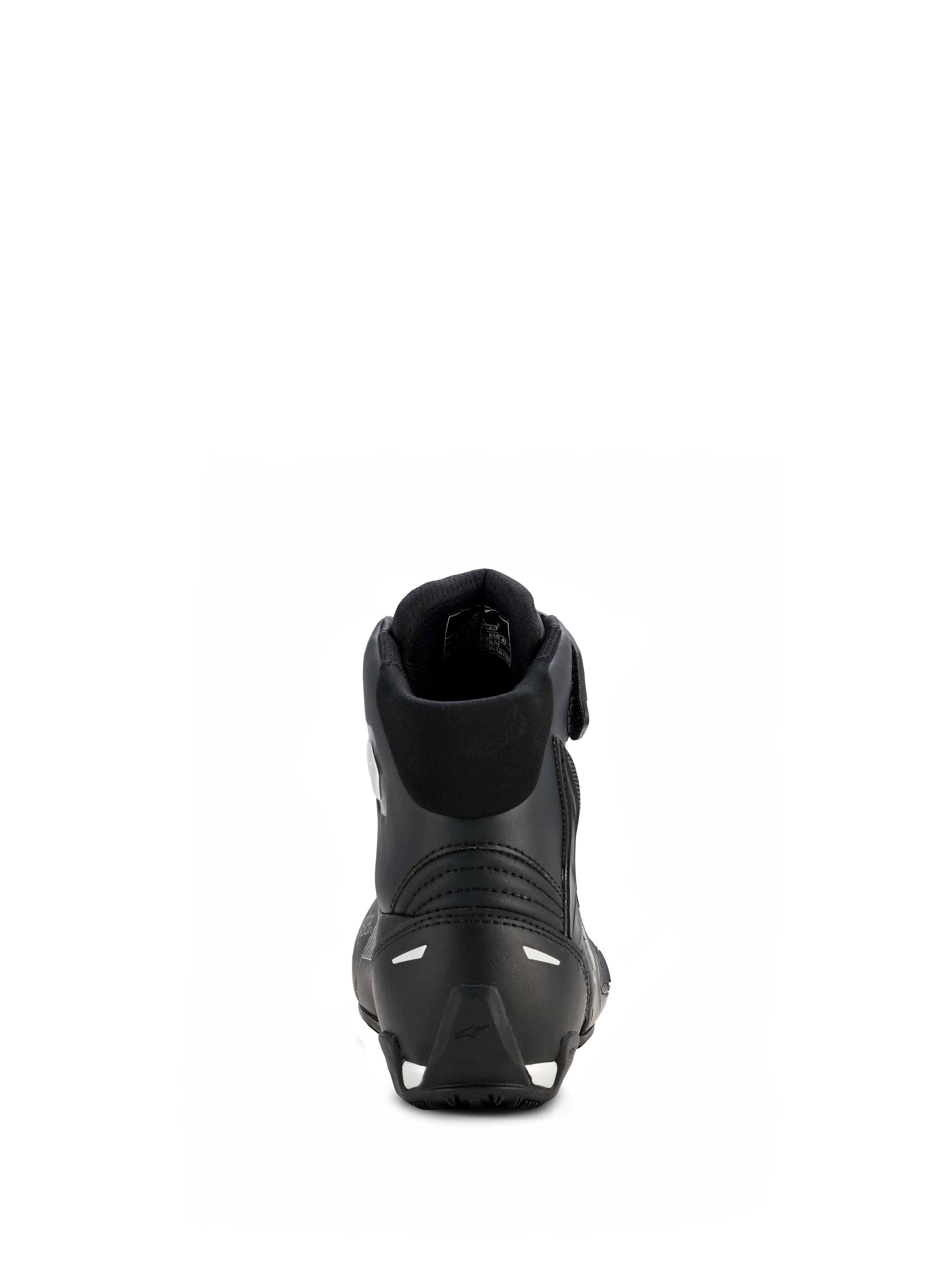 Alpinestars Scarpe Stella Faster-4 Drystar® da donna, nero e argento, vista posteriore che mostra il tallone rinforzato con dettagli argento, colletto imbottito e design in microfibra impermeabile