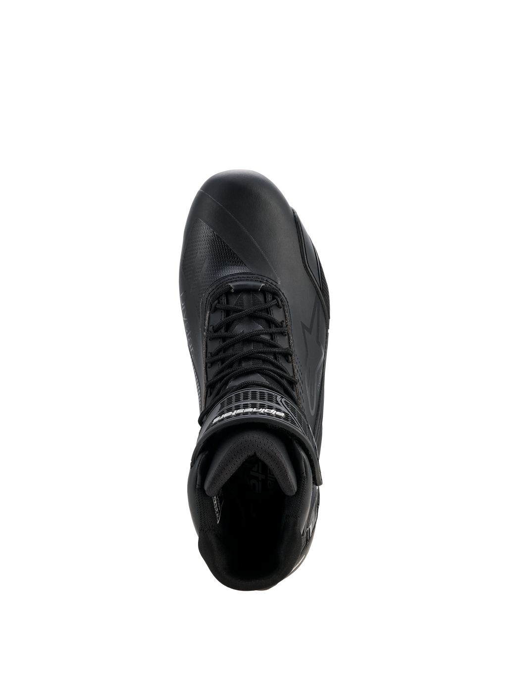 Alpinestars Scarpe Stella Faster-4 Drystar® da donna, scarpe da moto, nero e argento, vista dall'alto che mostra la chiusura con lacci, il cinturino in velcro alla caviglia e la costruzione in microfibra impermeabile